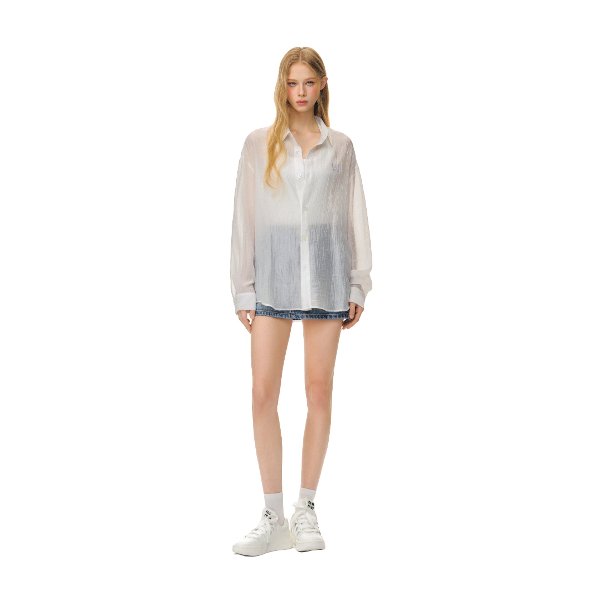 White Lightweight Casual Tencel Wrinkled Embroidered Shirt