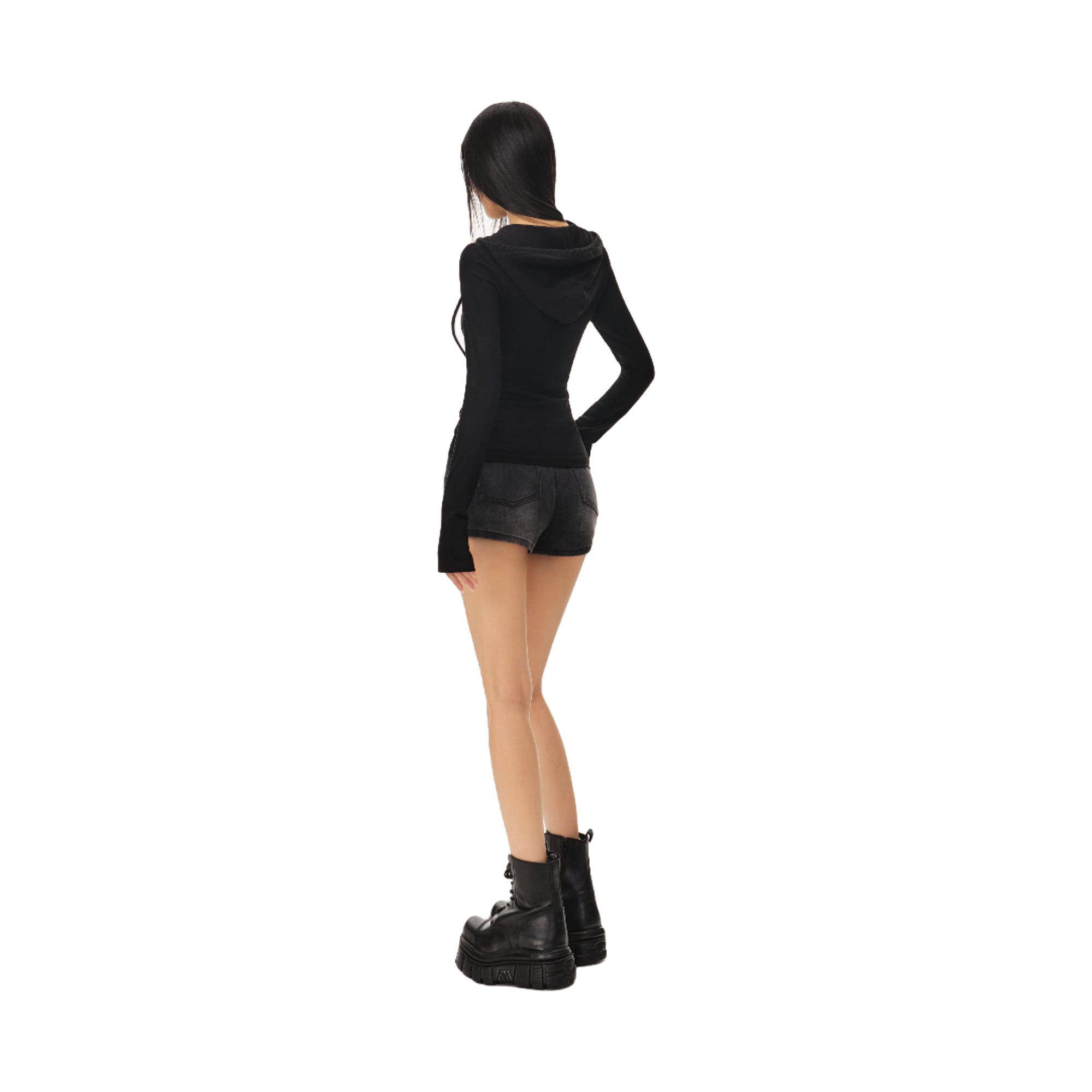 Black Hooded Henley Collar Stretch Knitted Slim Fit Long Sleeves