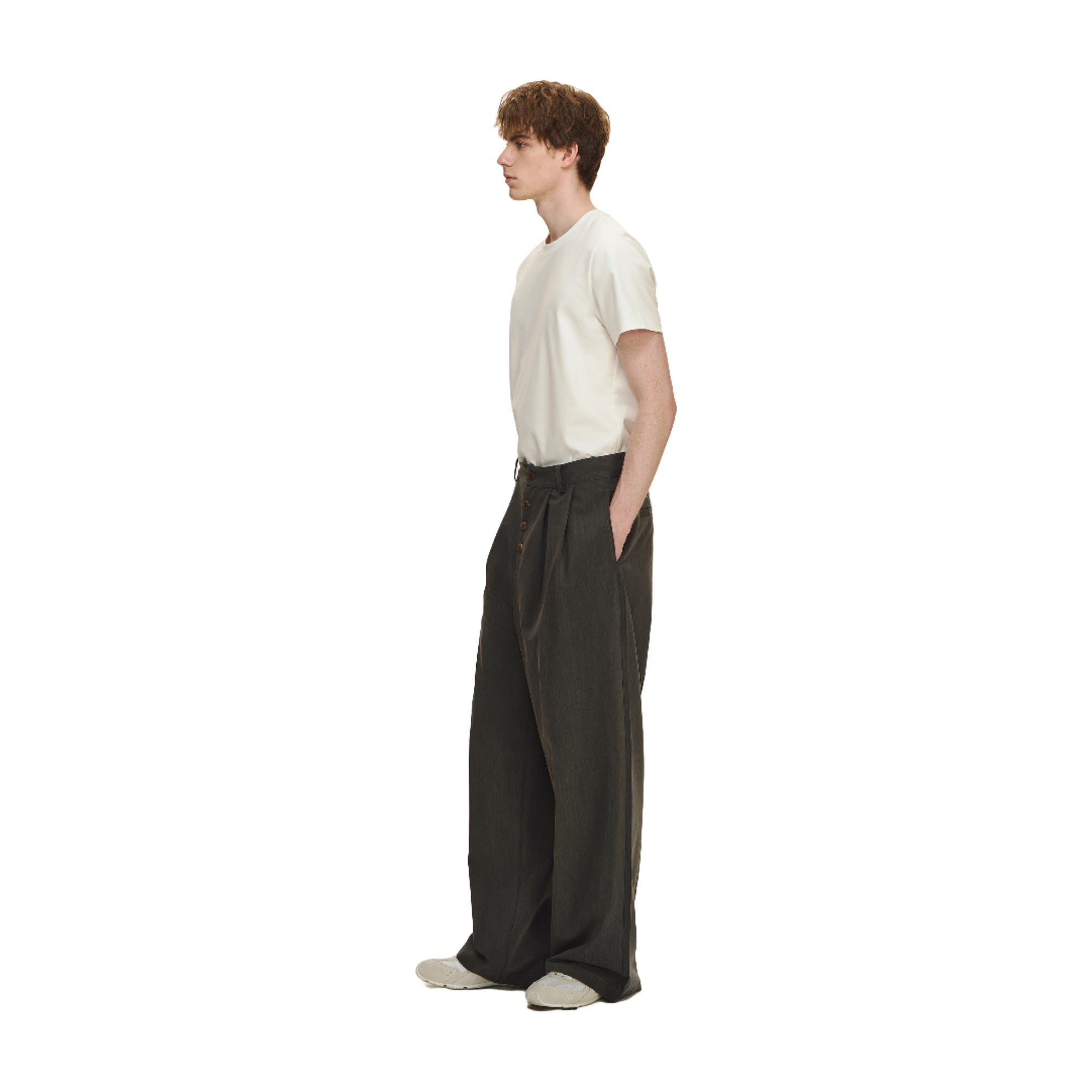 Grey Pleated Straight Button-down Trousers
