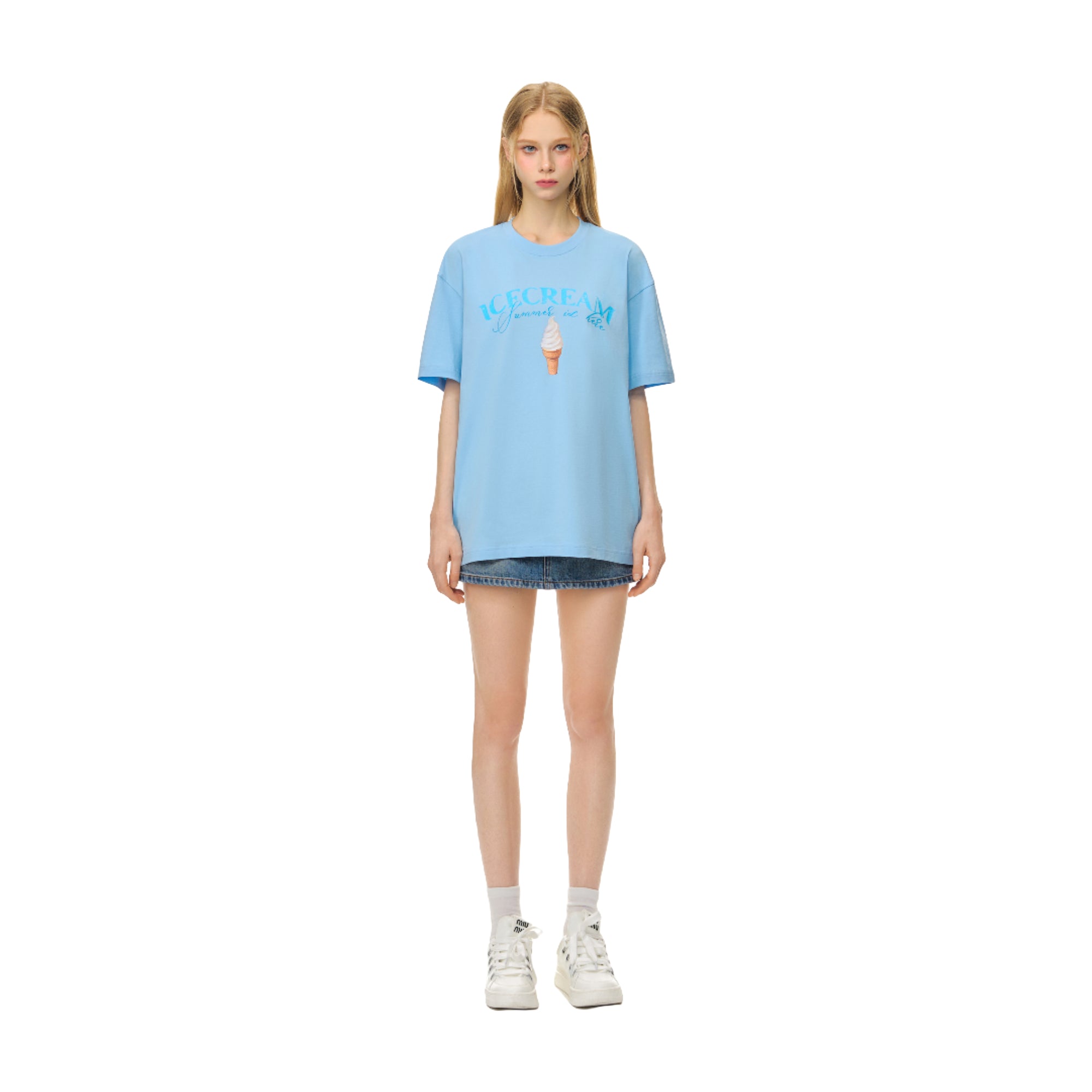 Blue Ice Cream Fun Print Short Sleeve T-Shirt