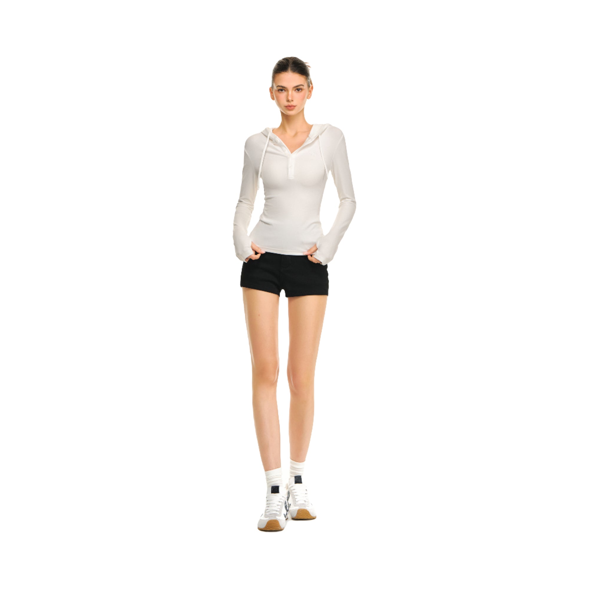 White Hooded Henley Collar Stretch Knitted Slim Fit Long Sleeves