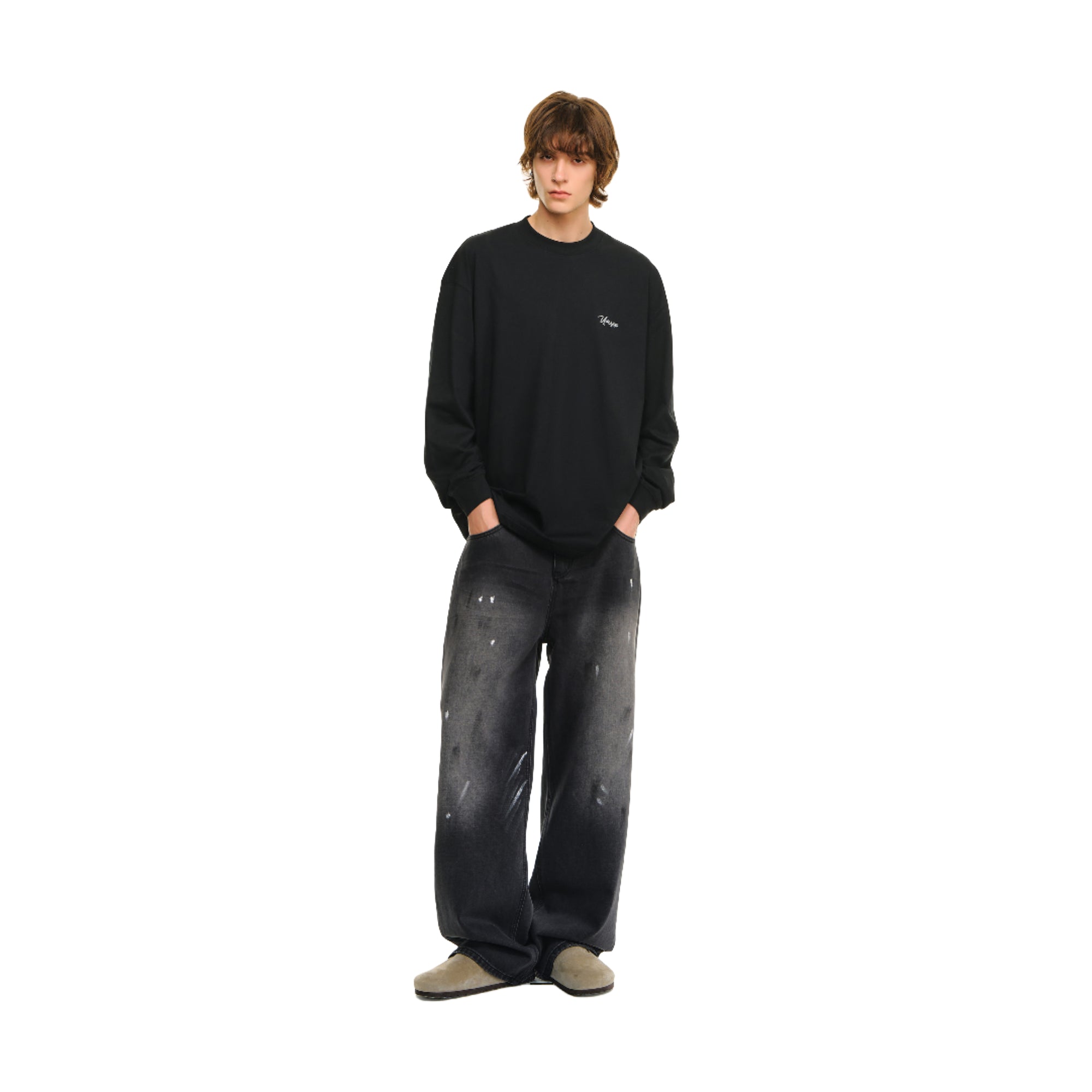 Black High Collar Chain Embroidery Long-sleeved T-shirt