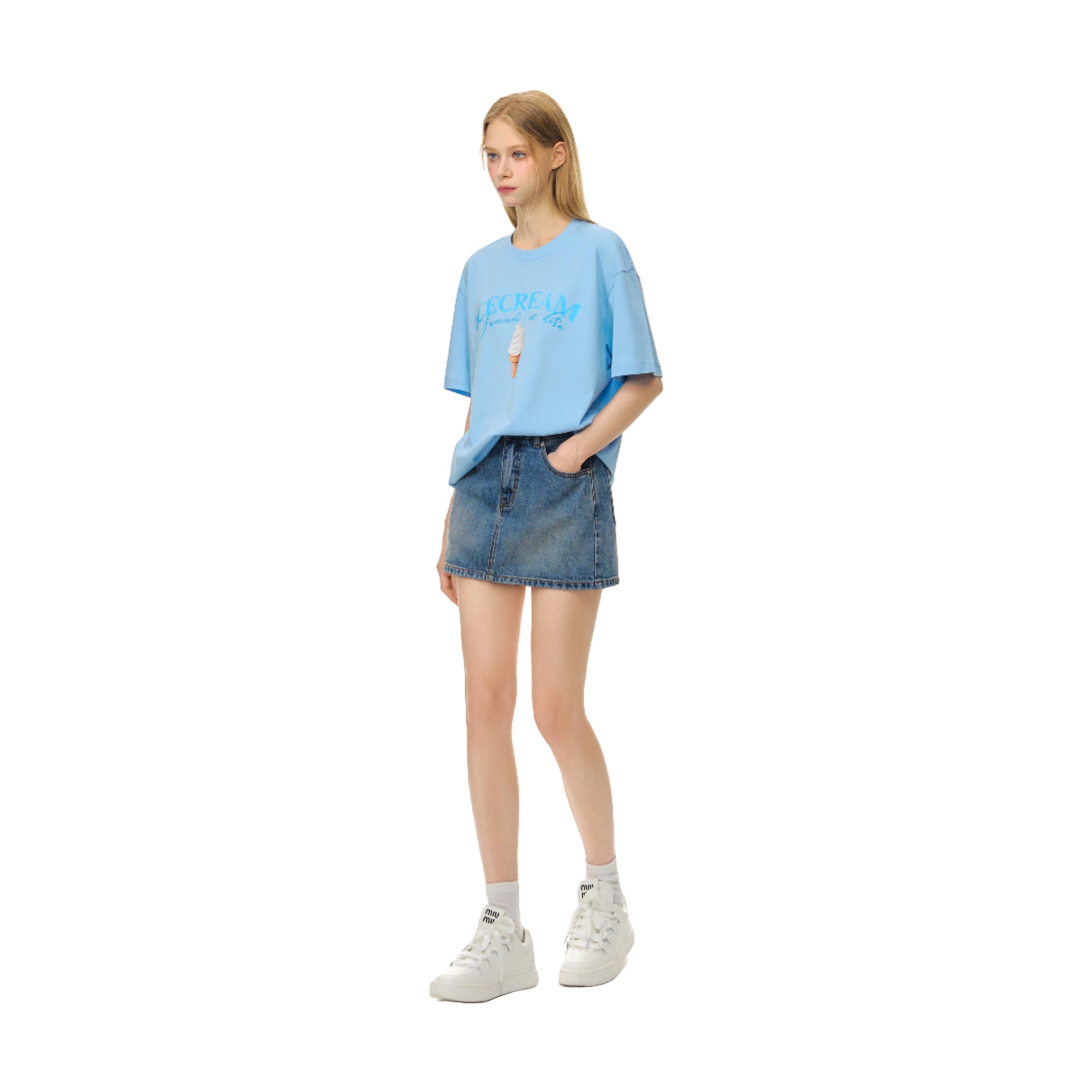Blue Ice Cream Fun Print Short Sleeve T-Shirt