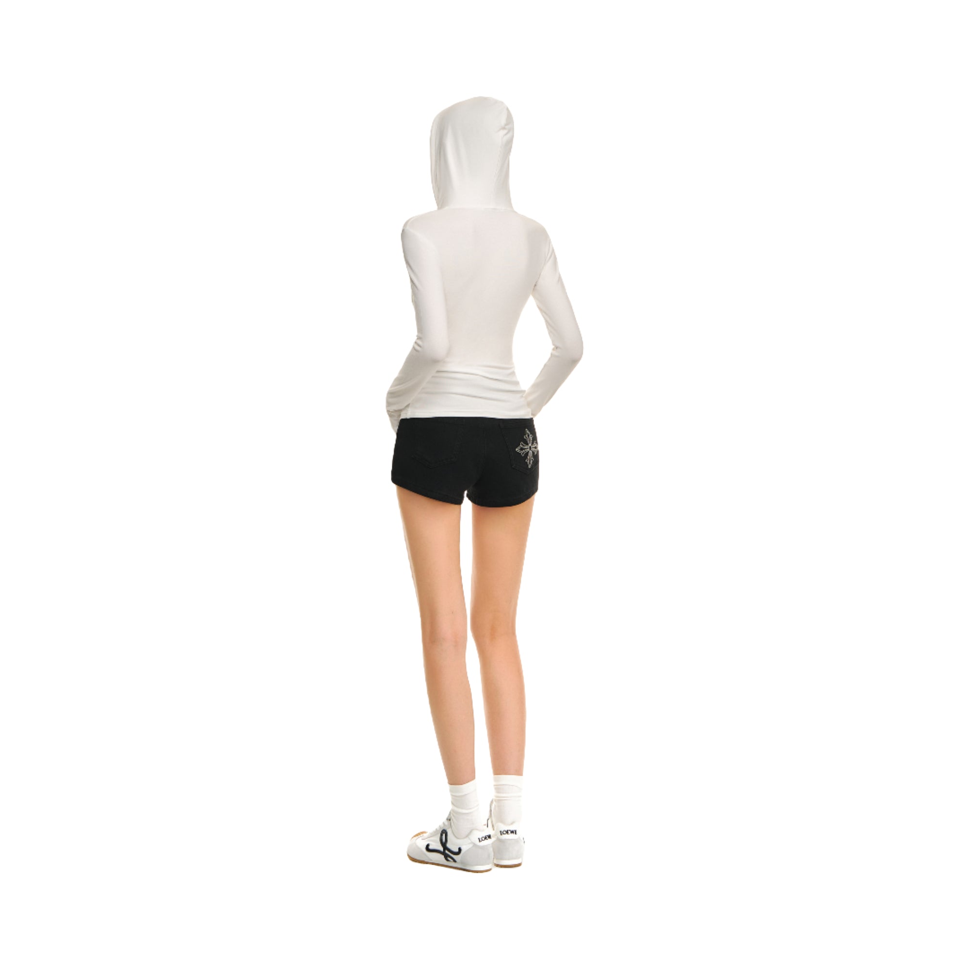 White Hooded Henley Collar Stretch Knitted Slim Fit Long Sleeves