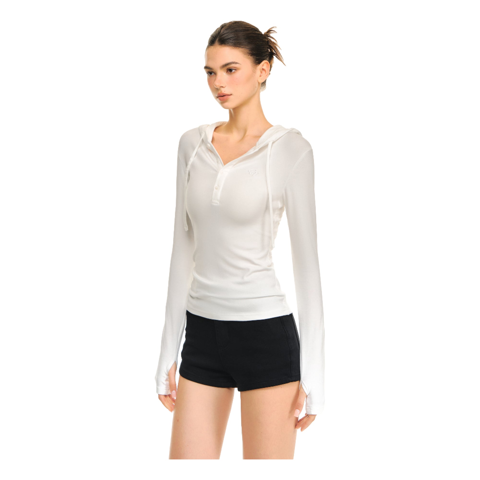 White Hooded Henley Collar Stretch Knitted Slim Fit Long Sleeves