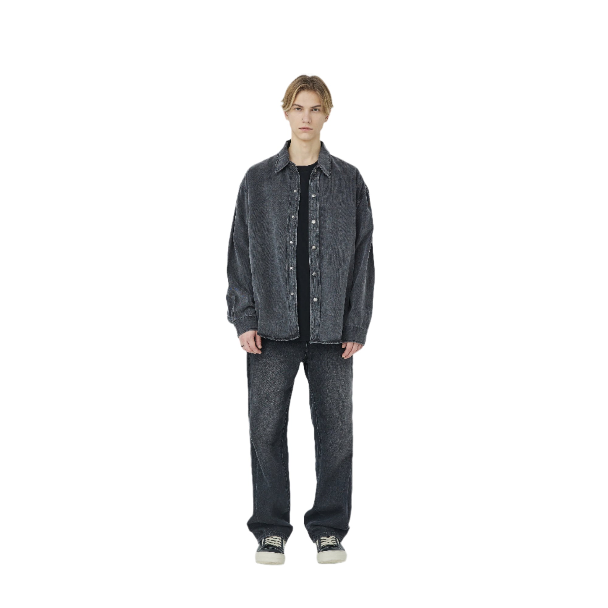 Black Lyocell Certified Washed Distressed Denim Shirt