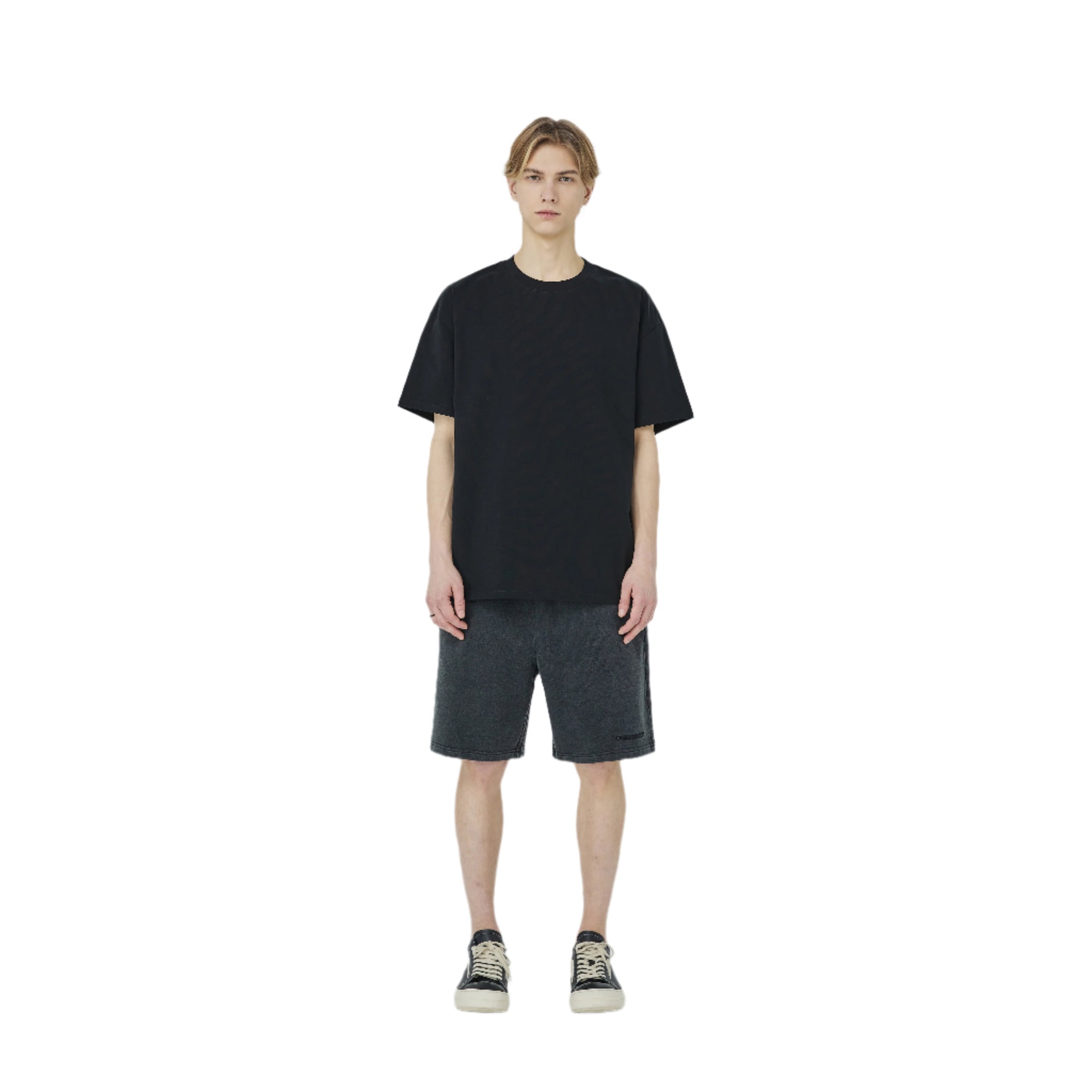 Black Tone-On Embroidered Washed Slit Shorts