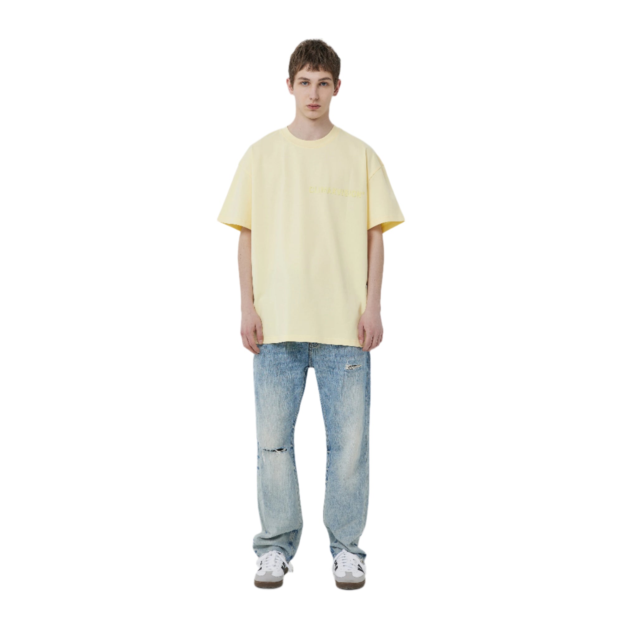 Egg Yellow Flocked Letter Short Sleeves