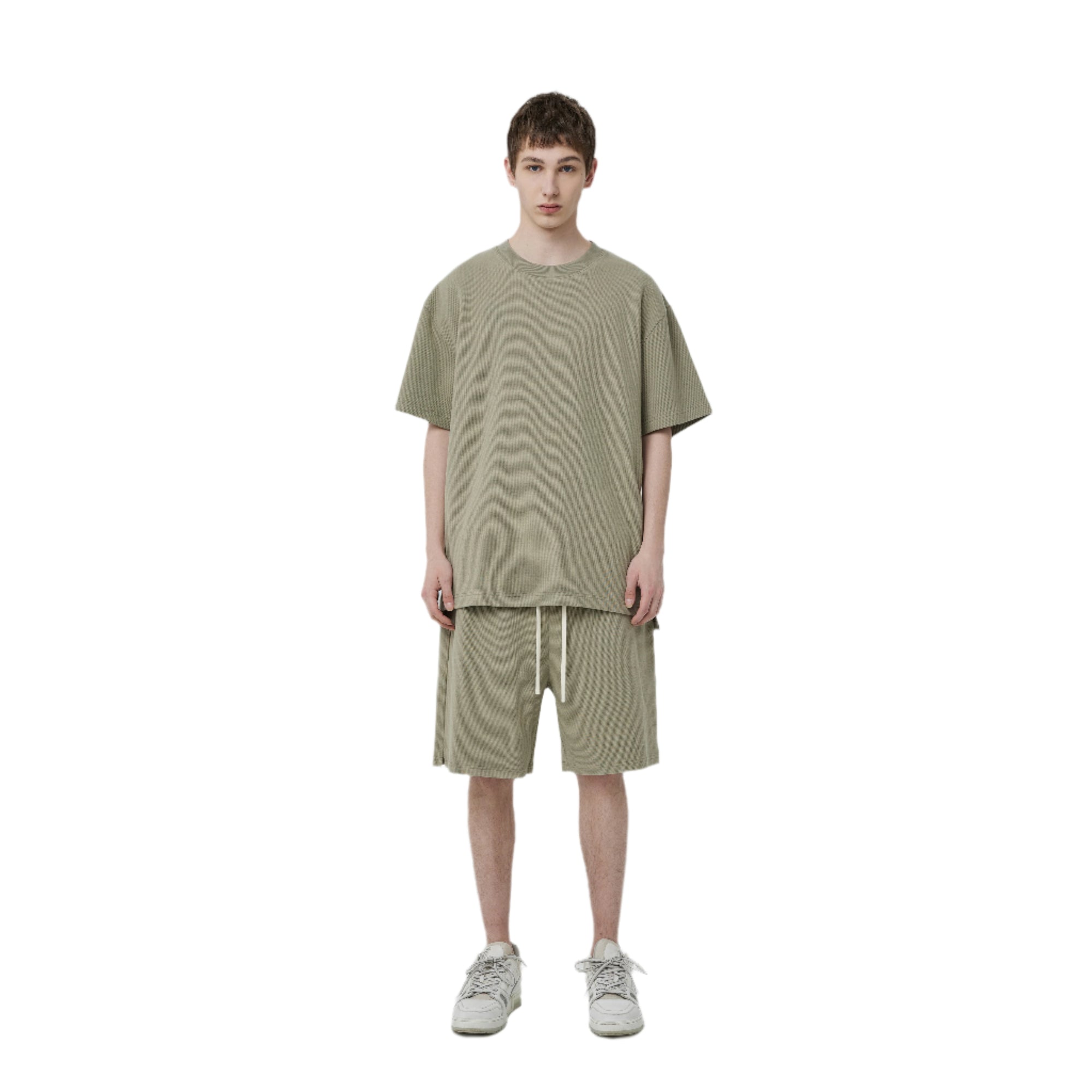 Gray Green Waffle Hem Slit Short Sleeves