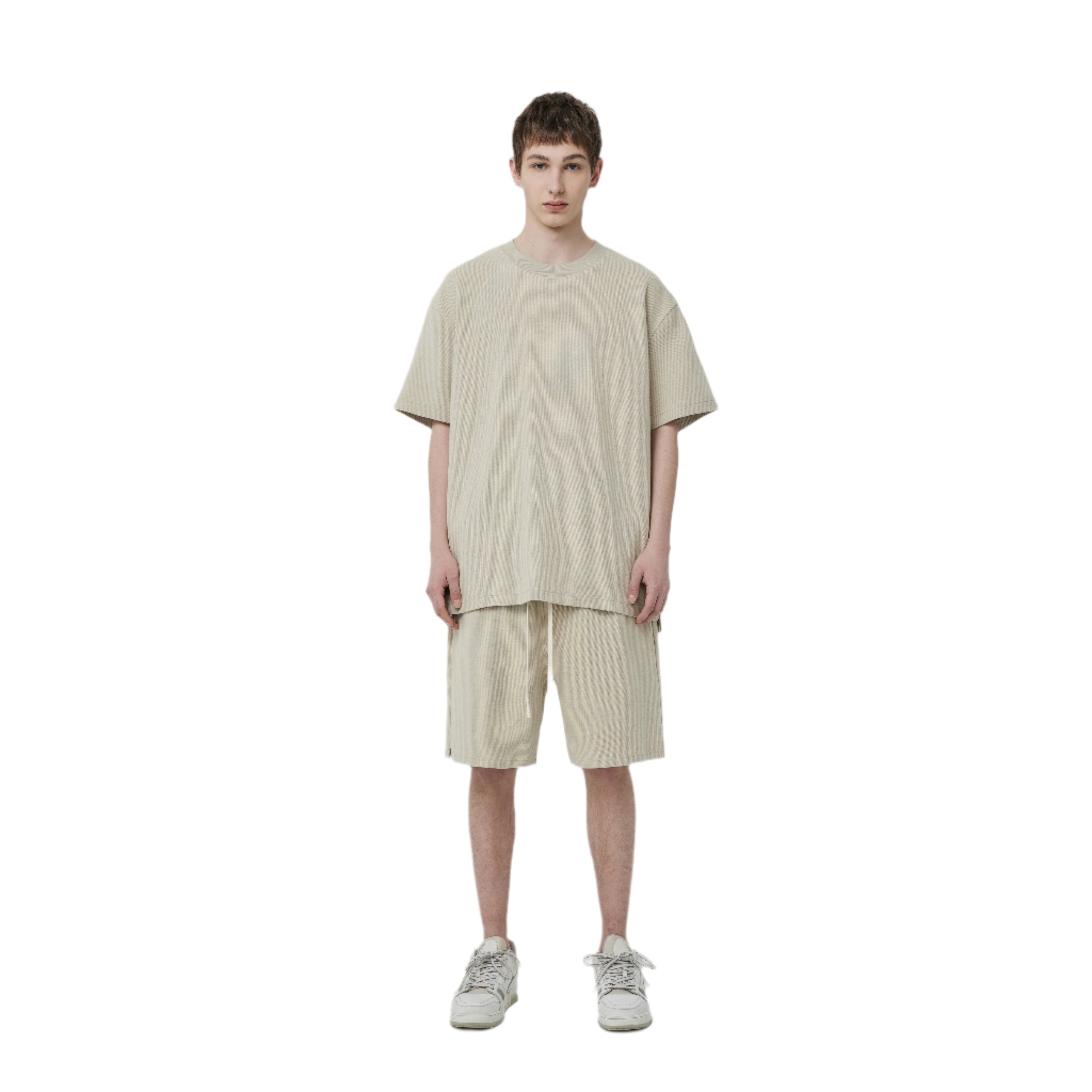 Light Khaki Waffle Hem Slit Short Sleeves