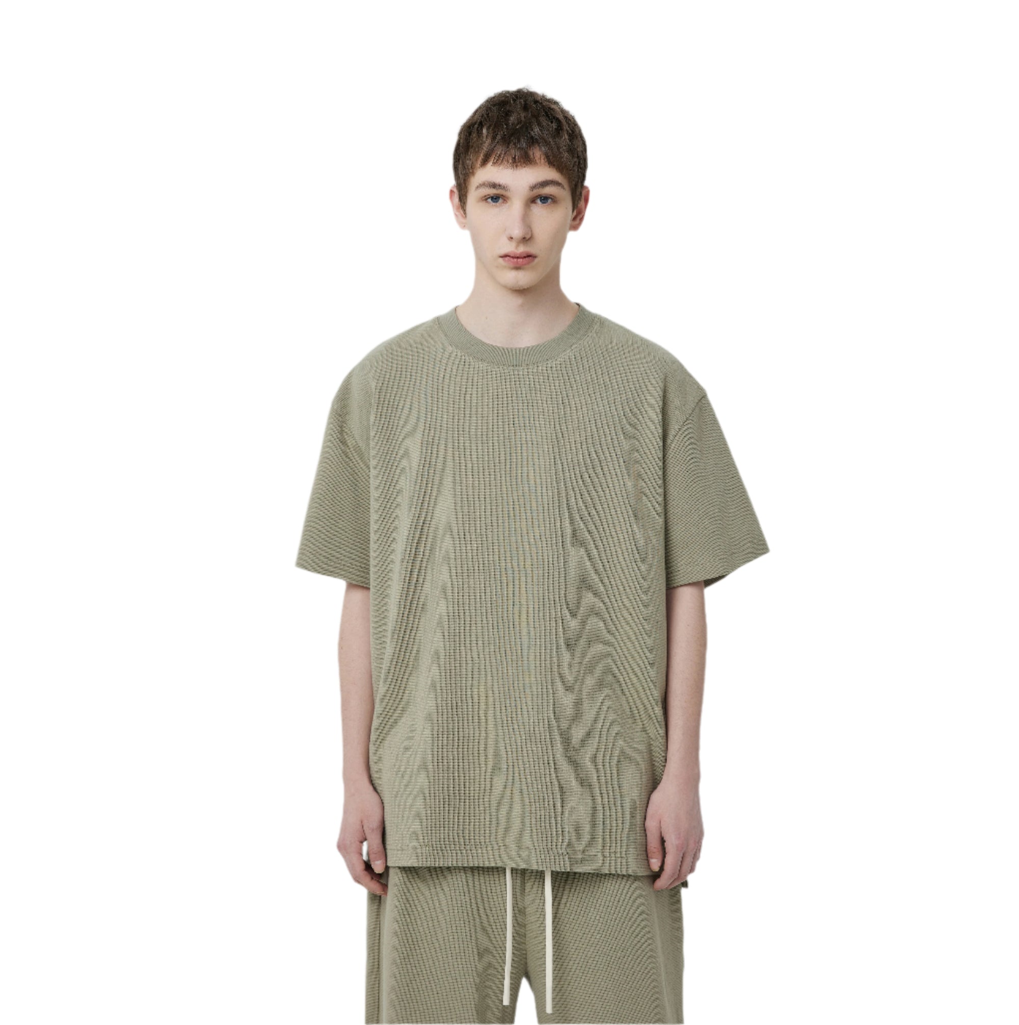 Gray Green Waffle Hem Slit Short Sleeves