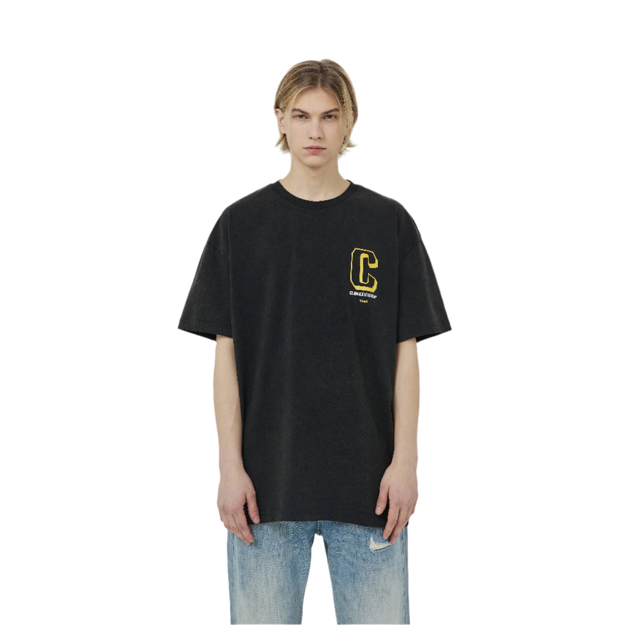 Black And Yellow Washed Retro C Logo Print Short Sleeves