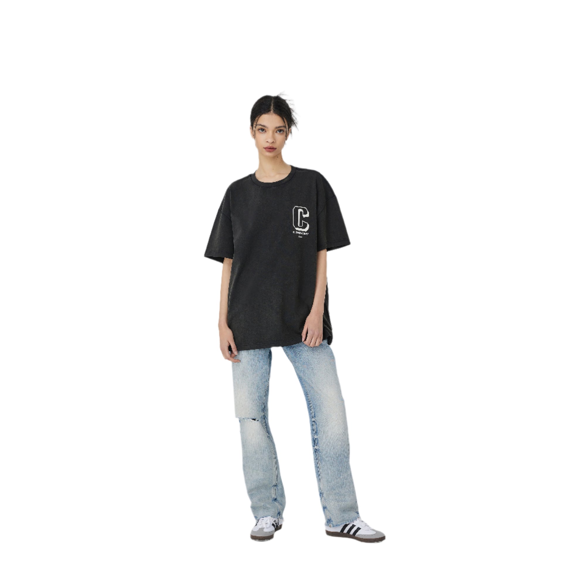 Black And White Washed Retro C Logo Print Short Sleeves