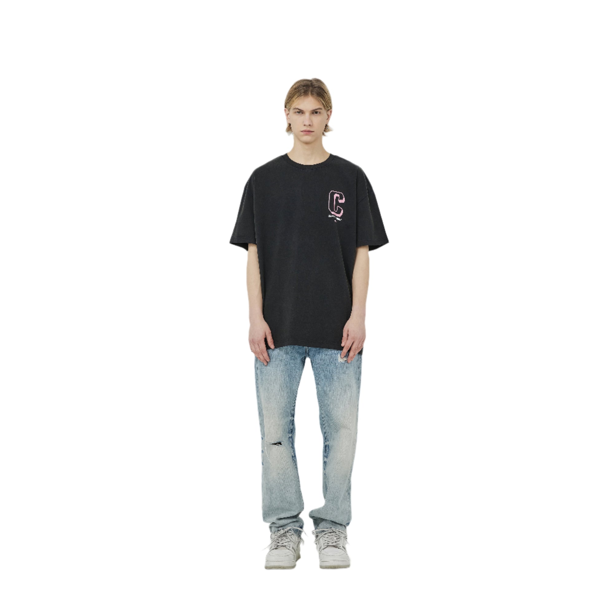 Black And Pink Washed Retro C Logo Print Short Sleeves