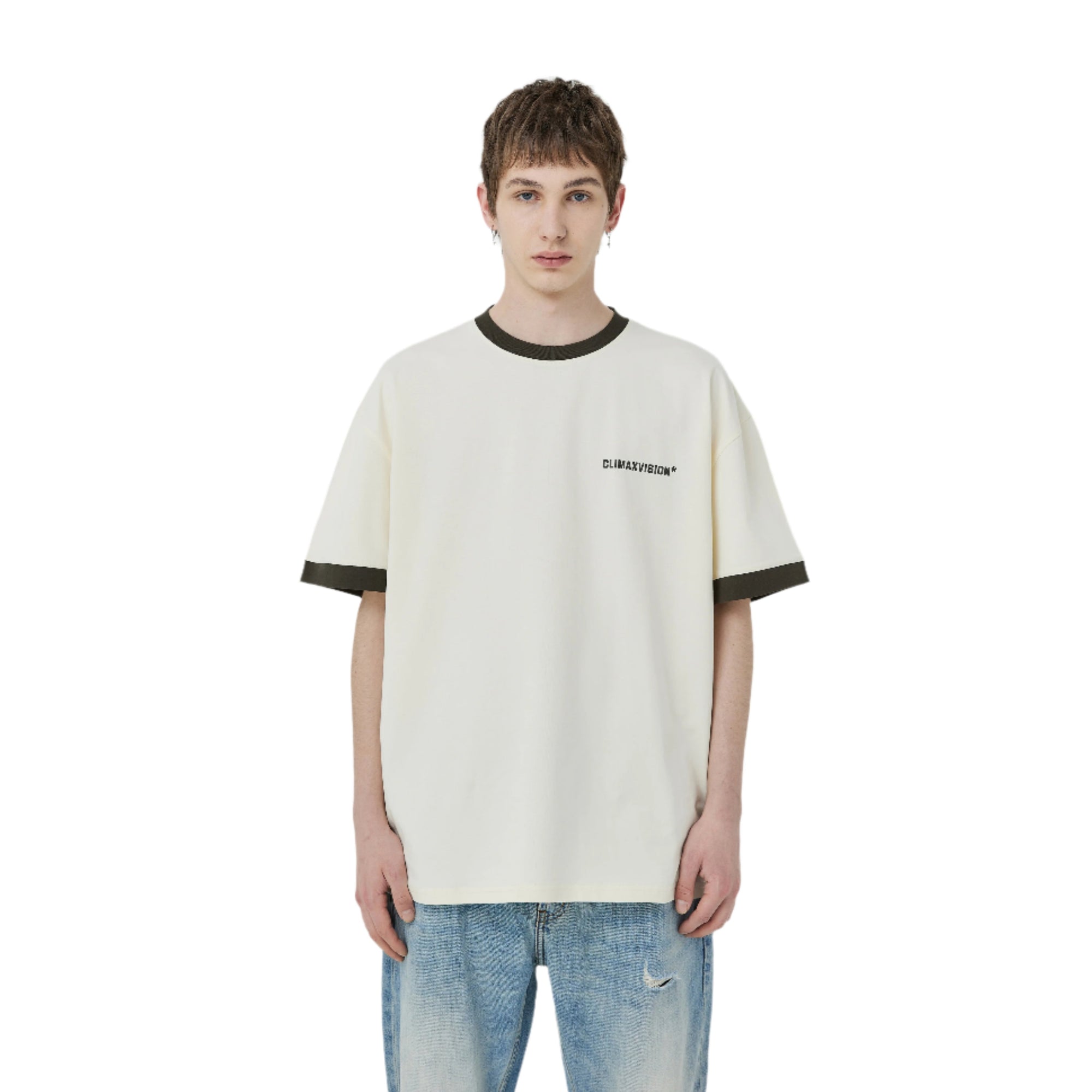 Light Cream Colorblock Logo Print Casual Short Sleeves