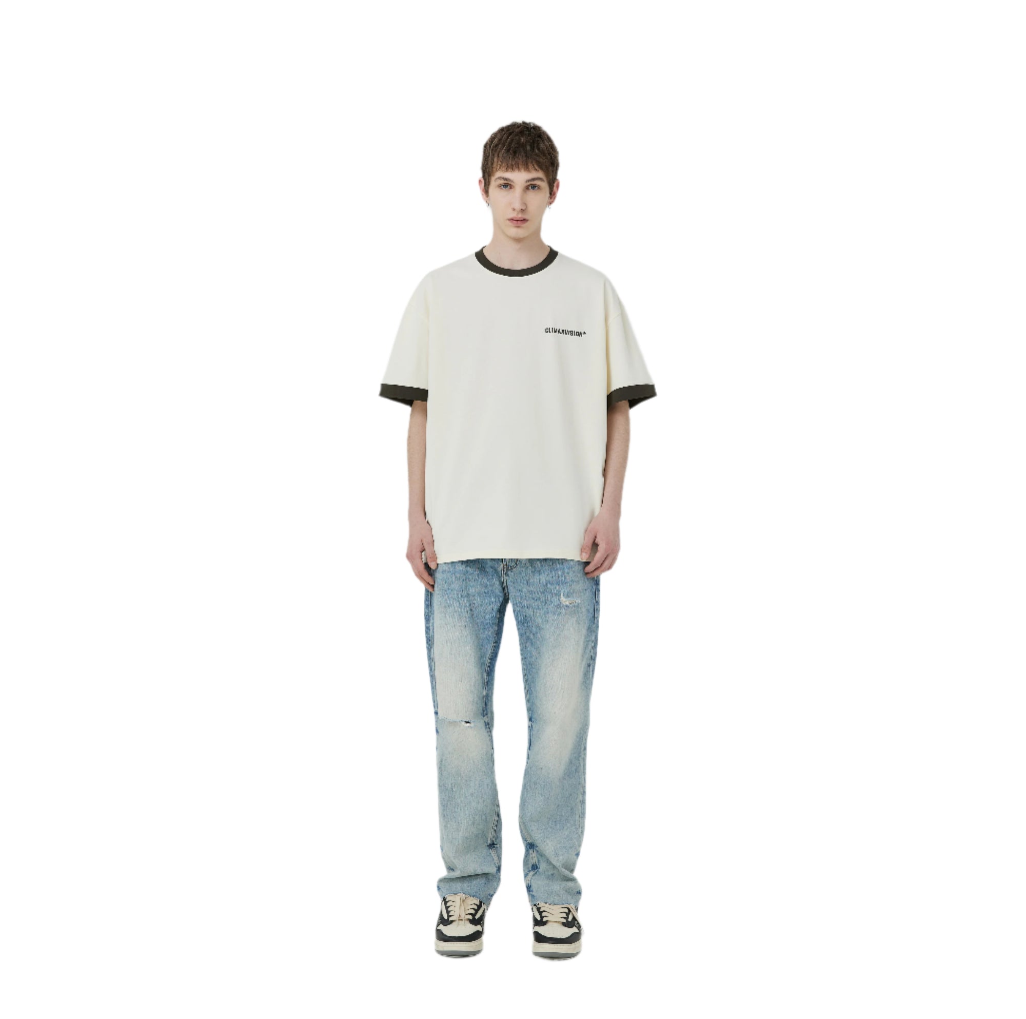 Light Cream Colorblock Logo Print Casual Short Sleeves