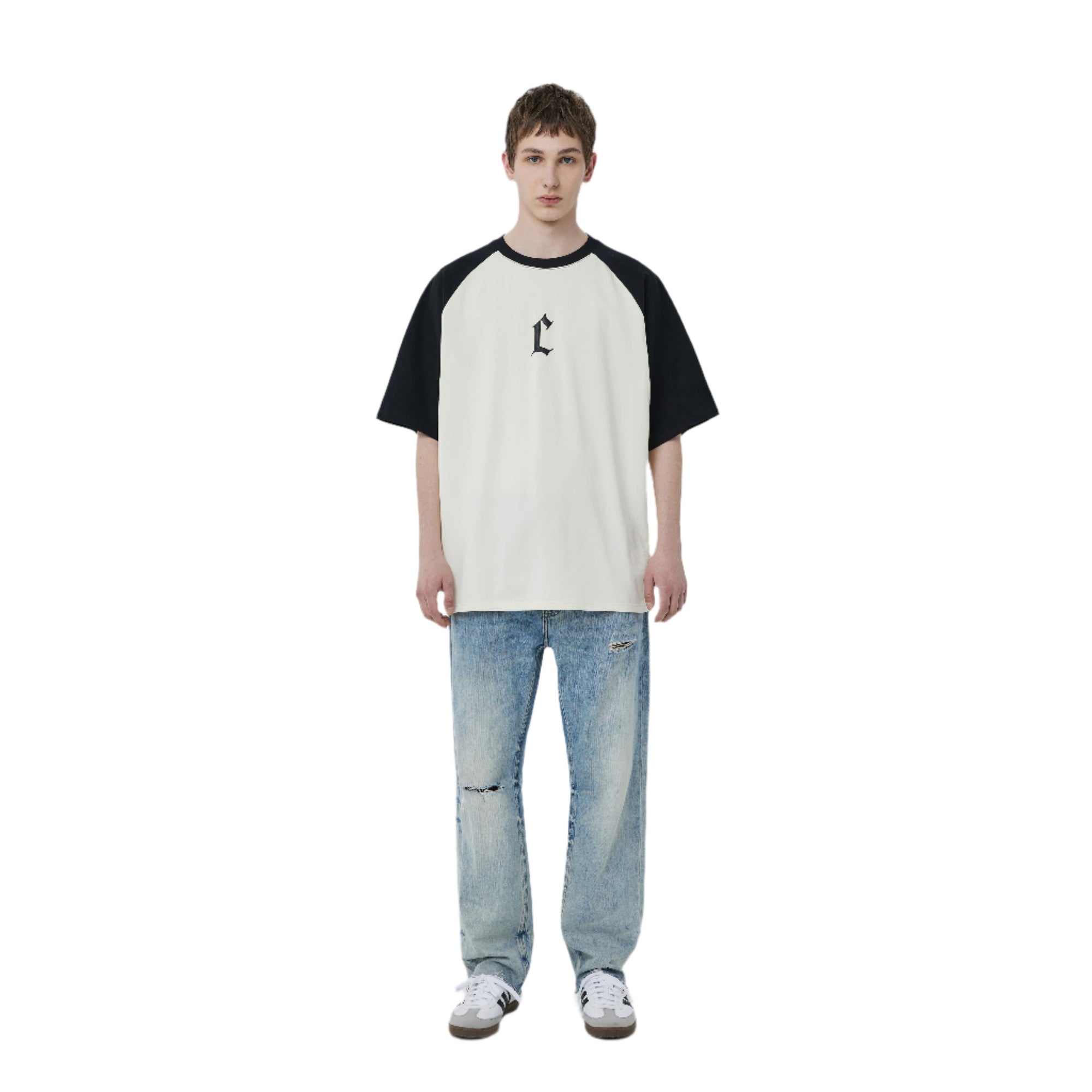 Beige and Black Colorblocked Foam C Letter Print Short Sleeve