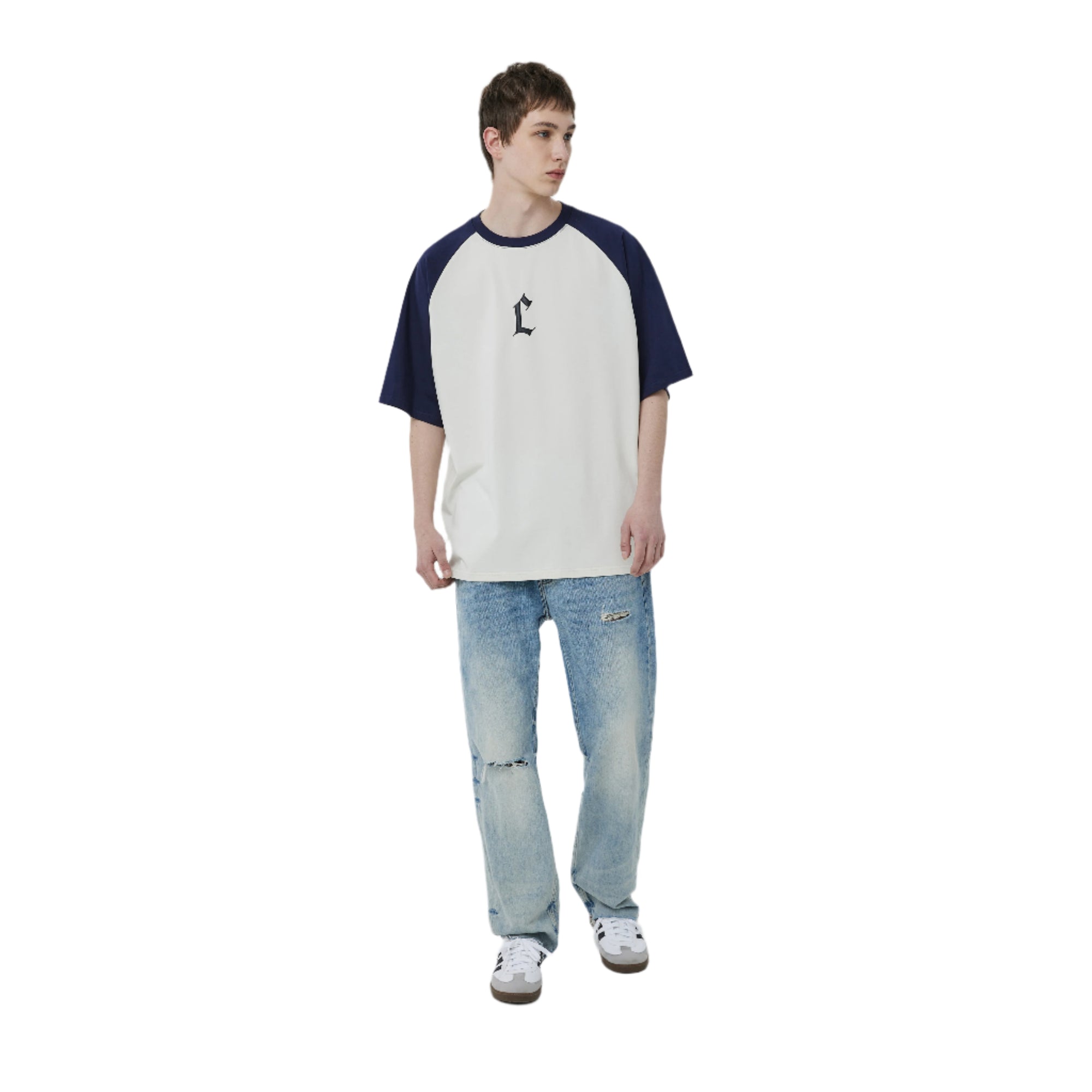 White And Navy Blue Colorblocked Foamed C Short Sleeves