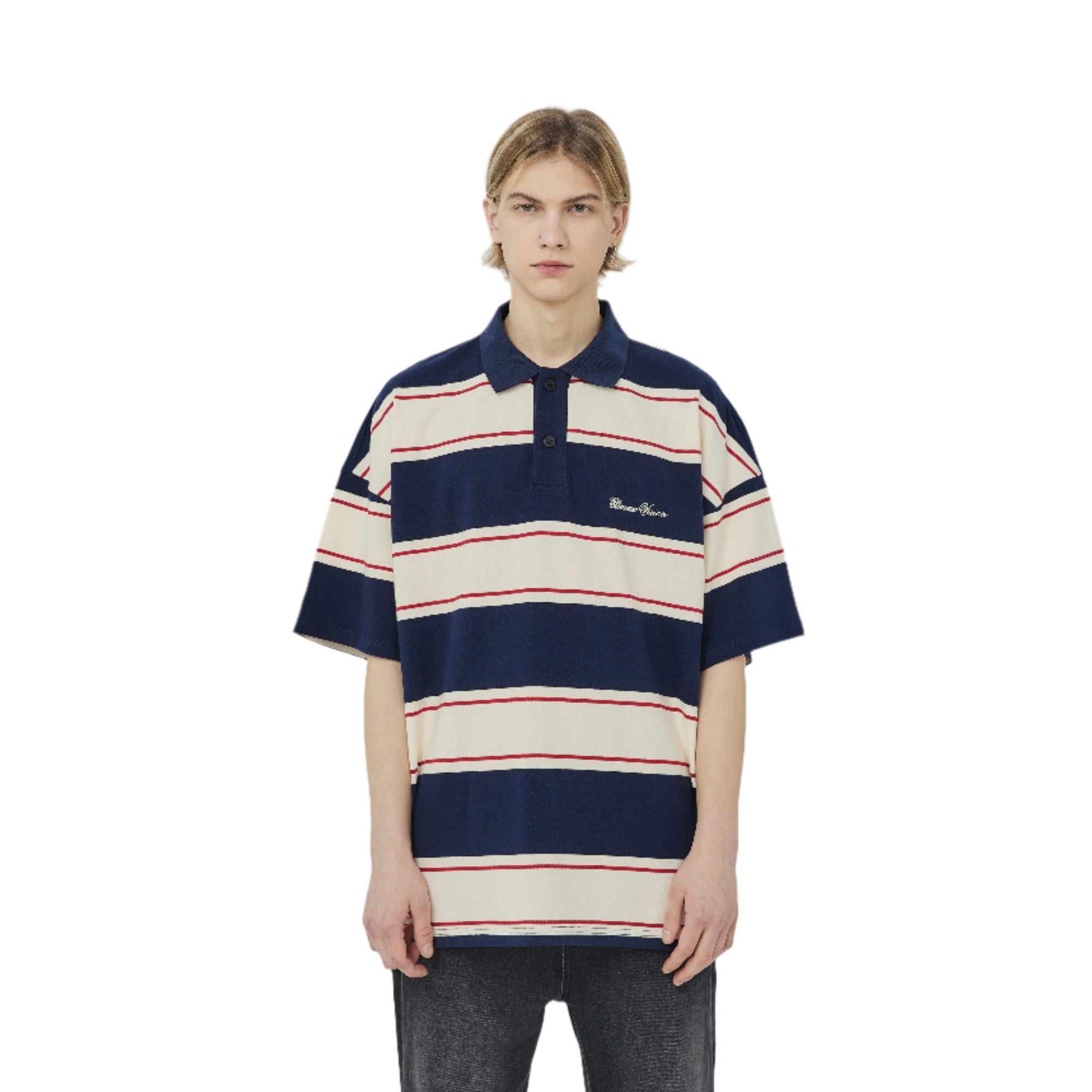 Navy Blue Striped Embroidered Polo Collar Short Sleeves