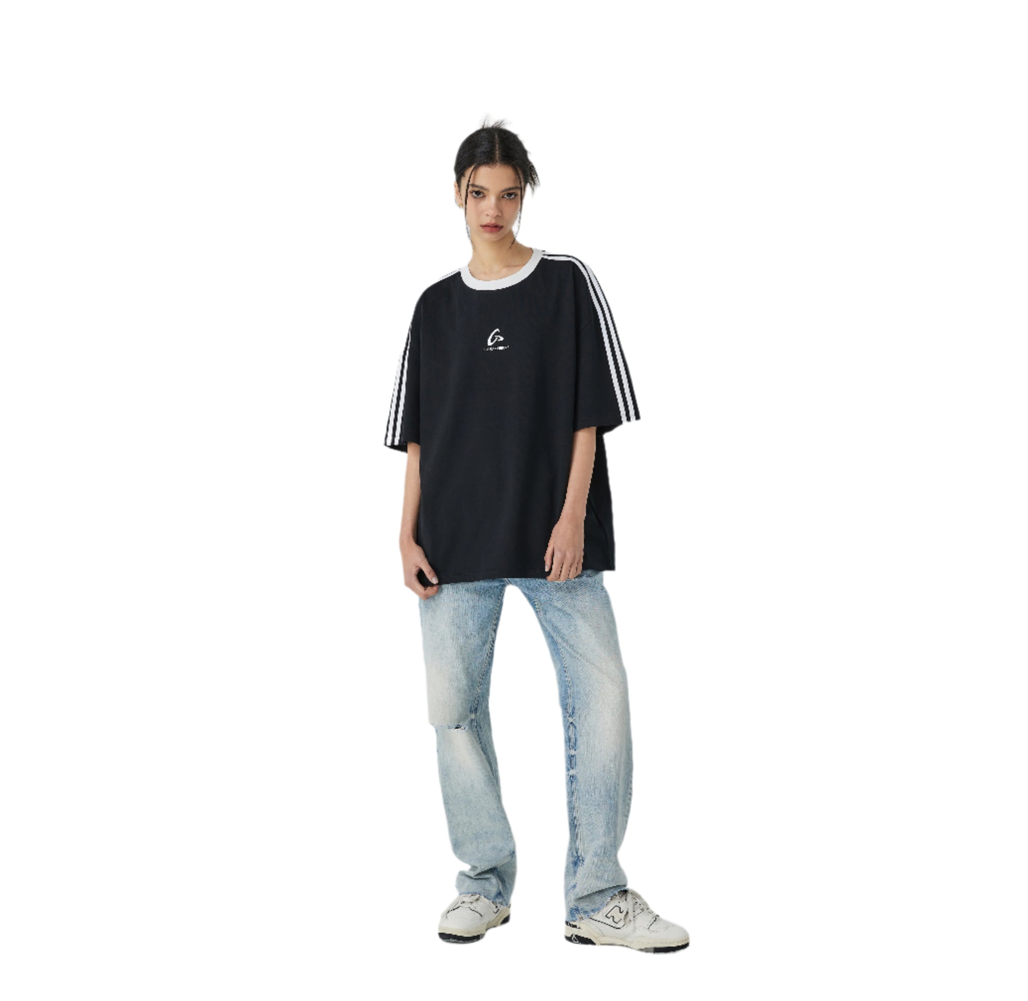 Black Retro Sports Color-blocked Striped T-shirt