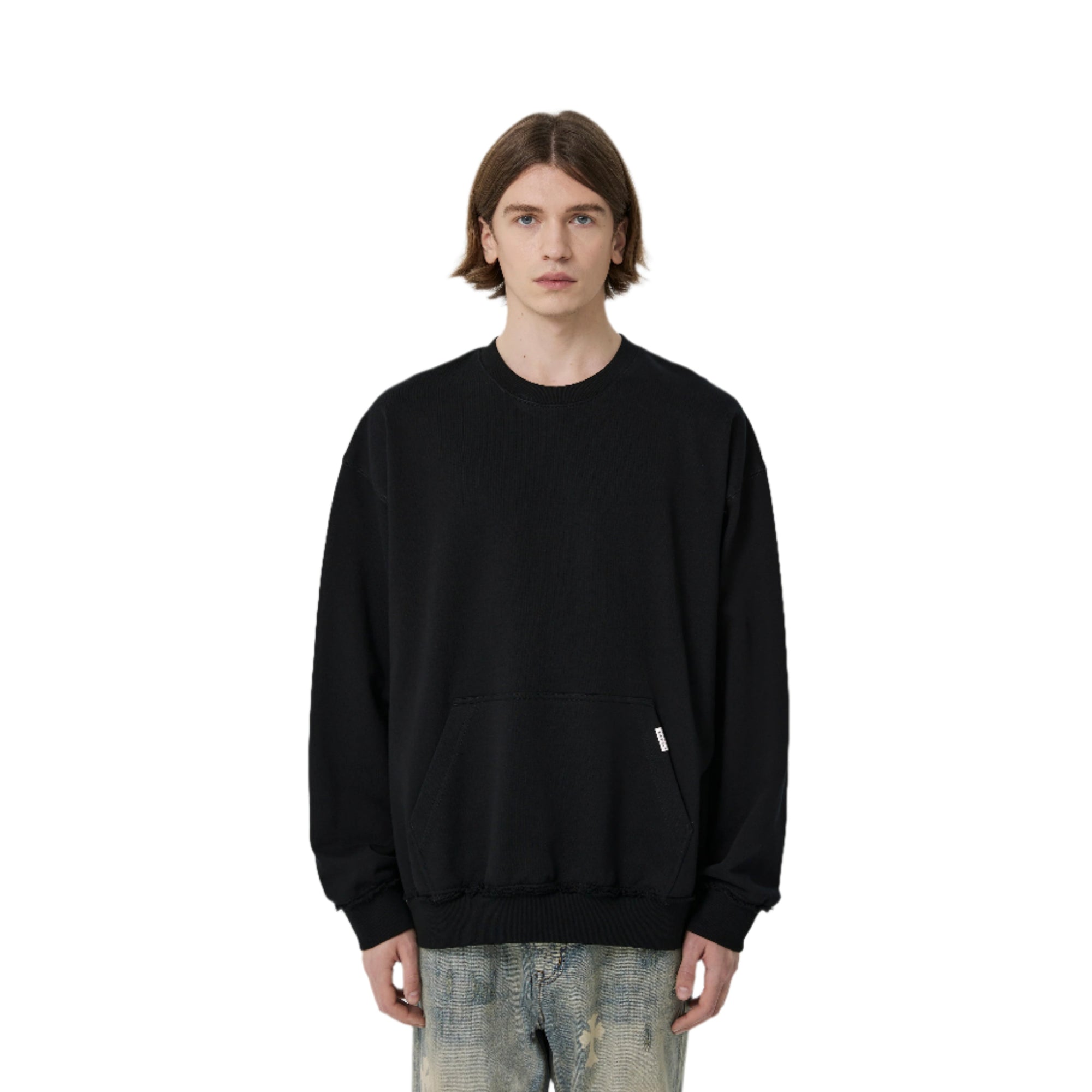 Black Raw Edge Patch Pocket Sweatshirt