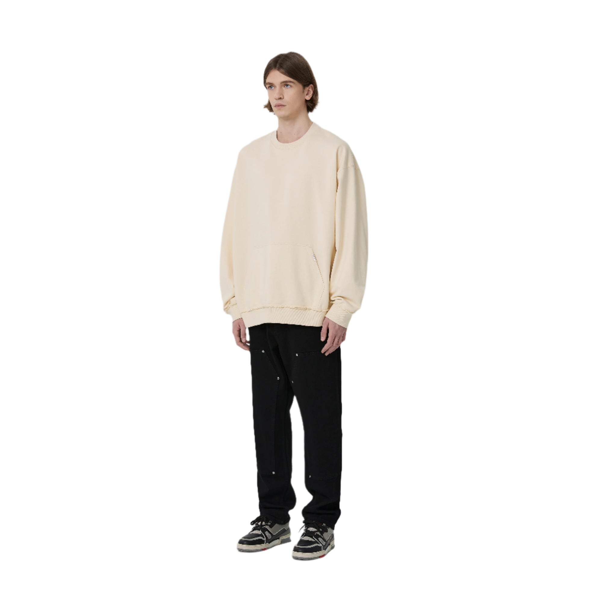Beige Raw Edge Patch Pocket Sweatshirt