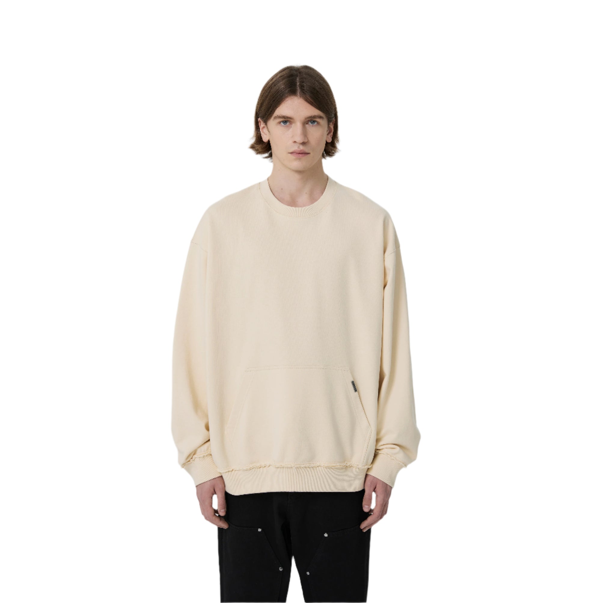 Beige Raw Edge Patch Pocket Sweatshirt