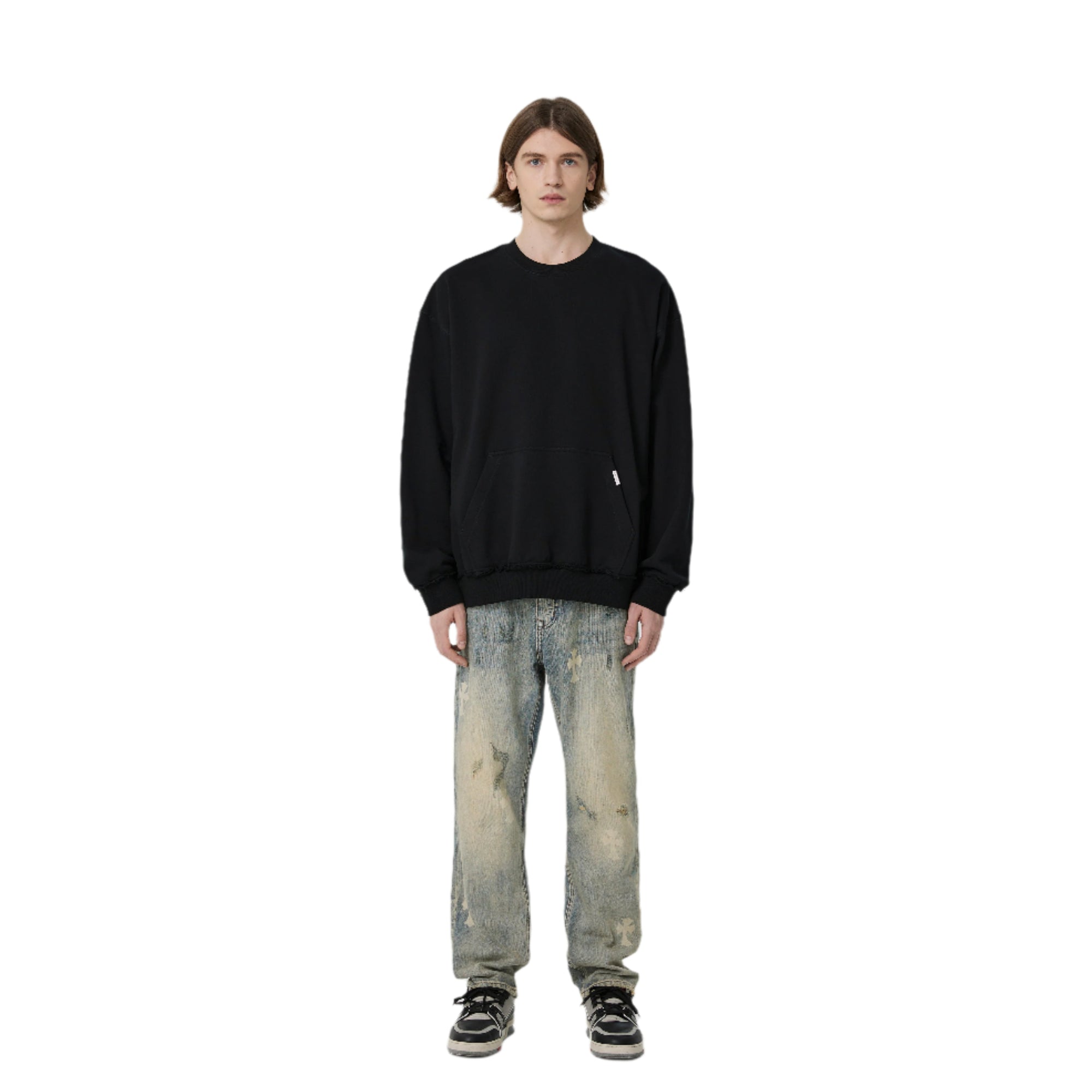Black Raw Edge Patch Pocket Sweatshirt