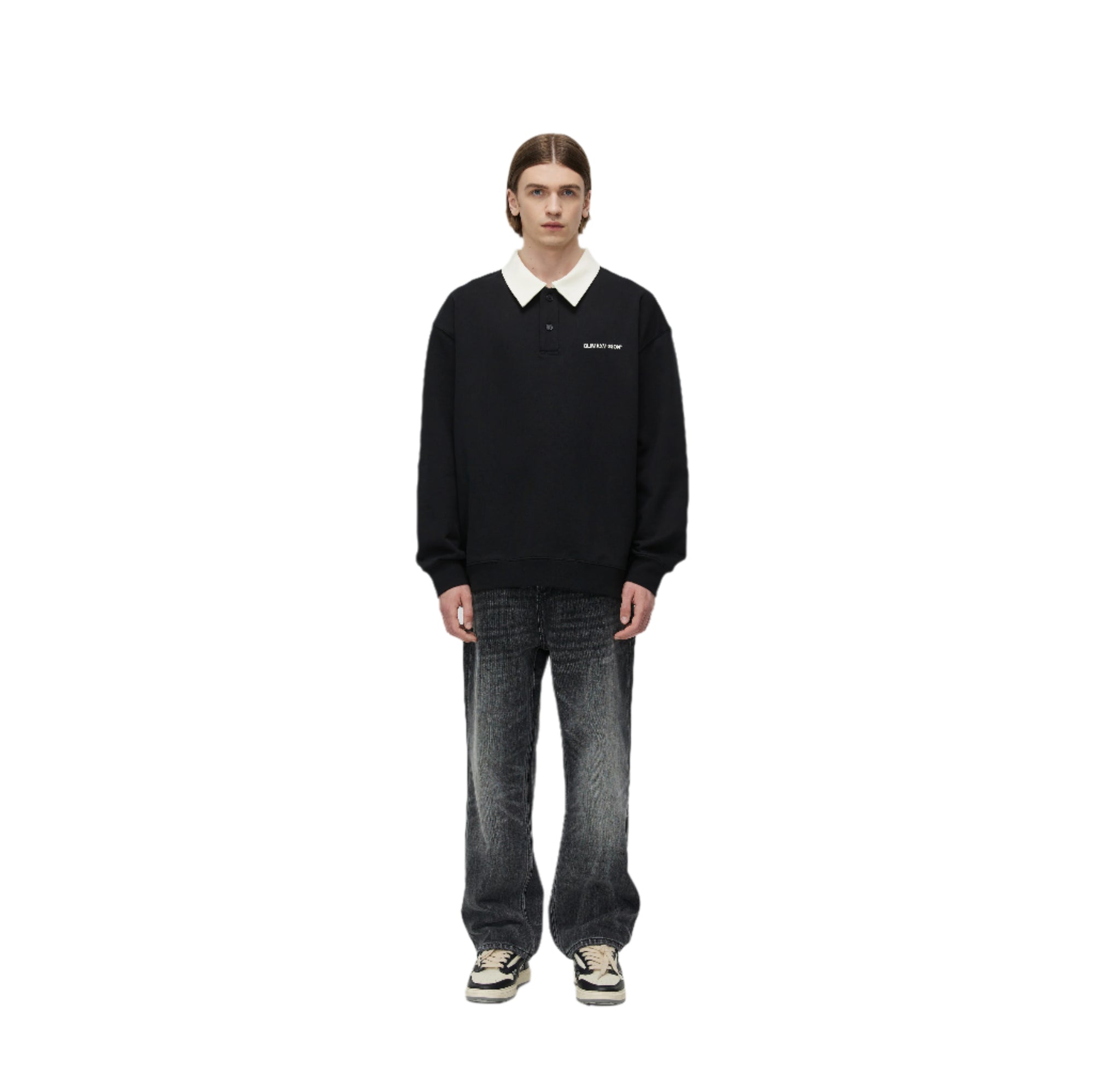 Black Embroidered Polo Collar Sweatshirt