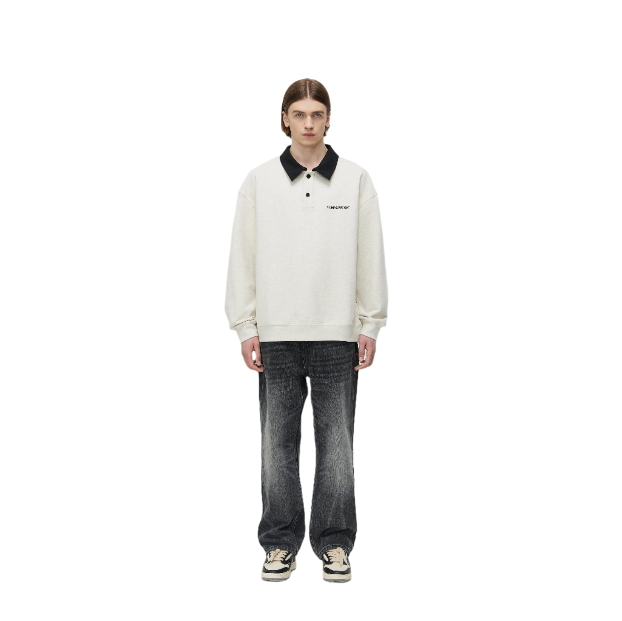 Oatmeal Embroidered Polo Neck Sweatshirt