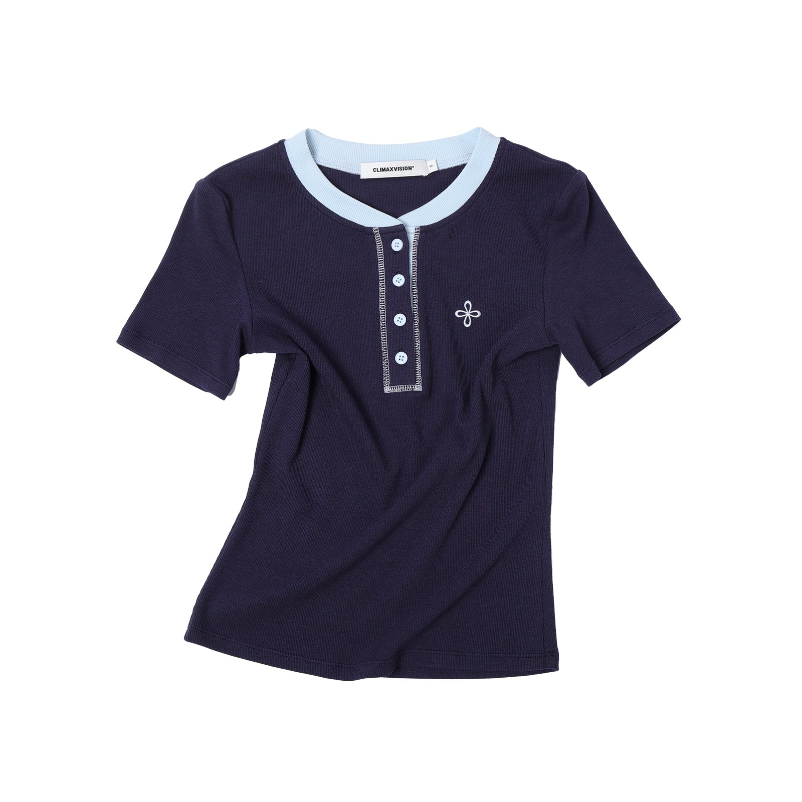 Navy Blue Cross Contrast Henley Collar Slim Fit Short Sleeve