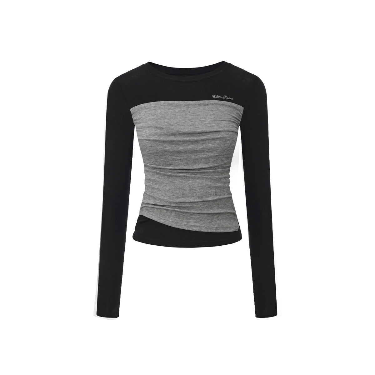 Black and Gray Color Block Tencel Faux Two-Piece Long-Sleeve T-Shirt
