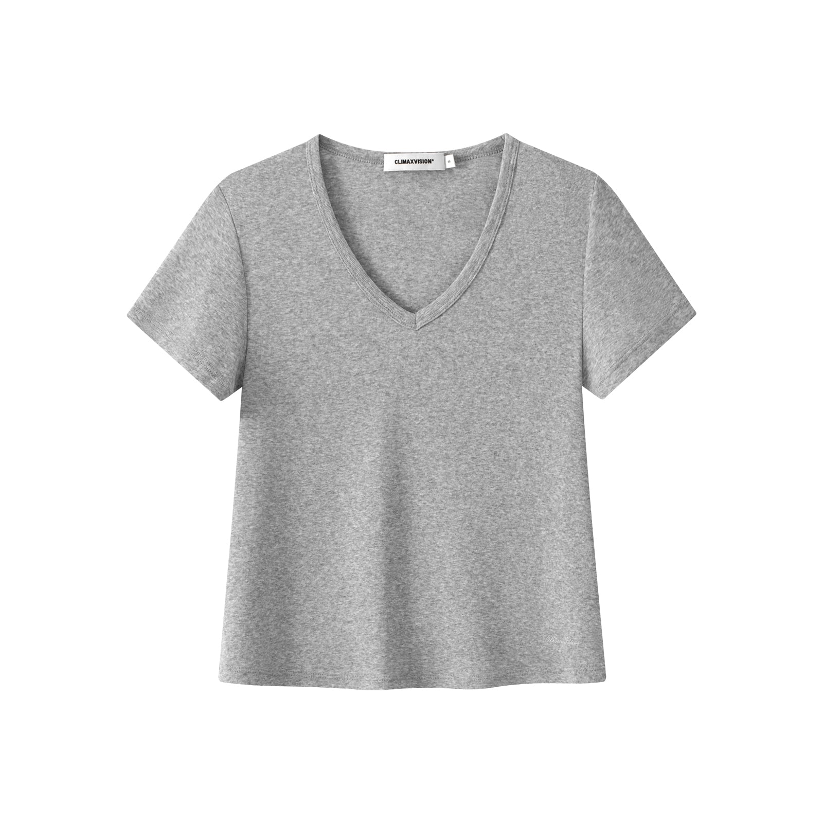 Grey Linen-Cotton Blend V-Neck Short-Sleeve T-Shirt