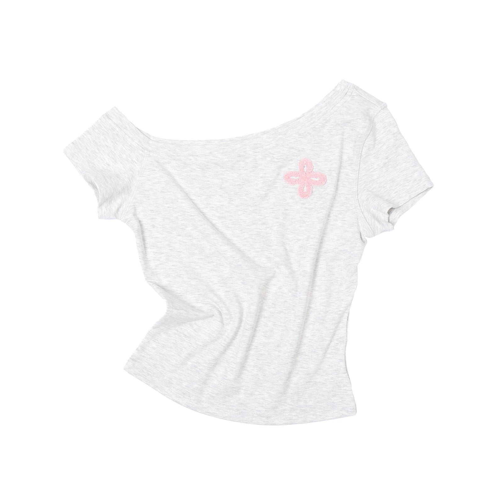 Oatmeal-colored Cross Towel Embroidery Off-Shoulder Short Sleeve