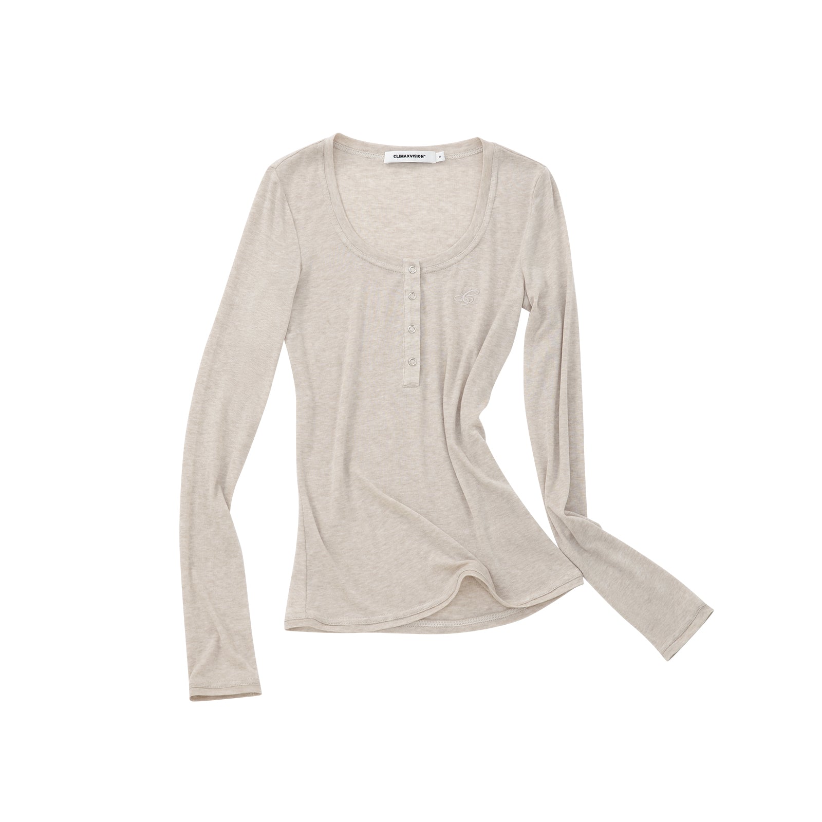 Oatmeal-colored Tencel Wool Henley Collar Long-Sleeve T-Shirt
