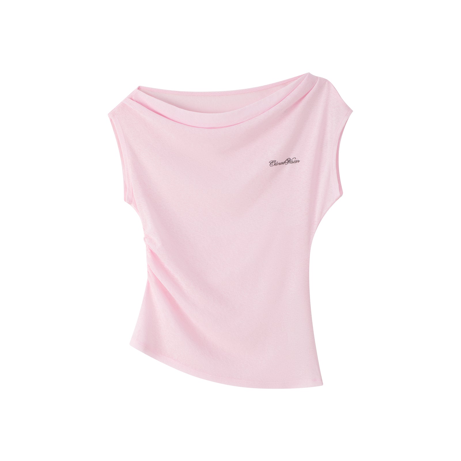 Pink Asymmetrical Duffle Collar Off-Shoulder Short-Sleeve T-Shirt