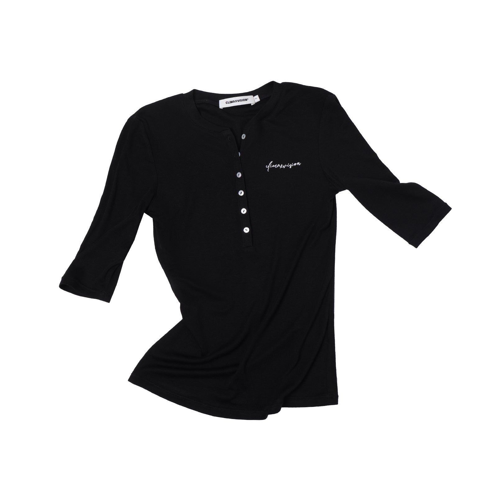 Black Lyocell Wool Blend Henley Mid-Sleeve T-Shirt