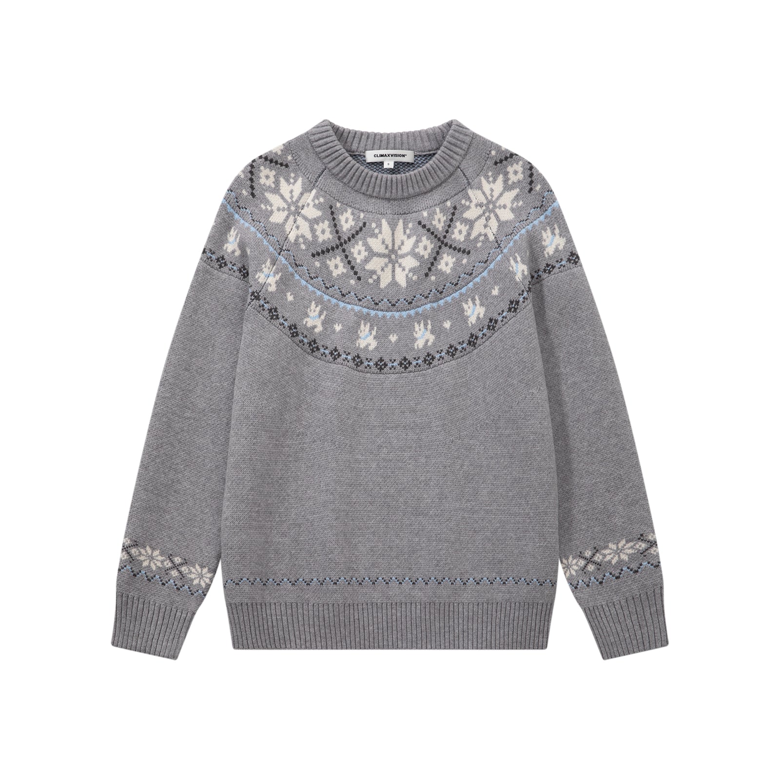Grey Fair Isle Jacquard Crew Neck Sweater