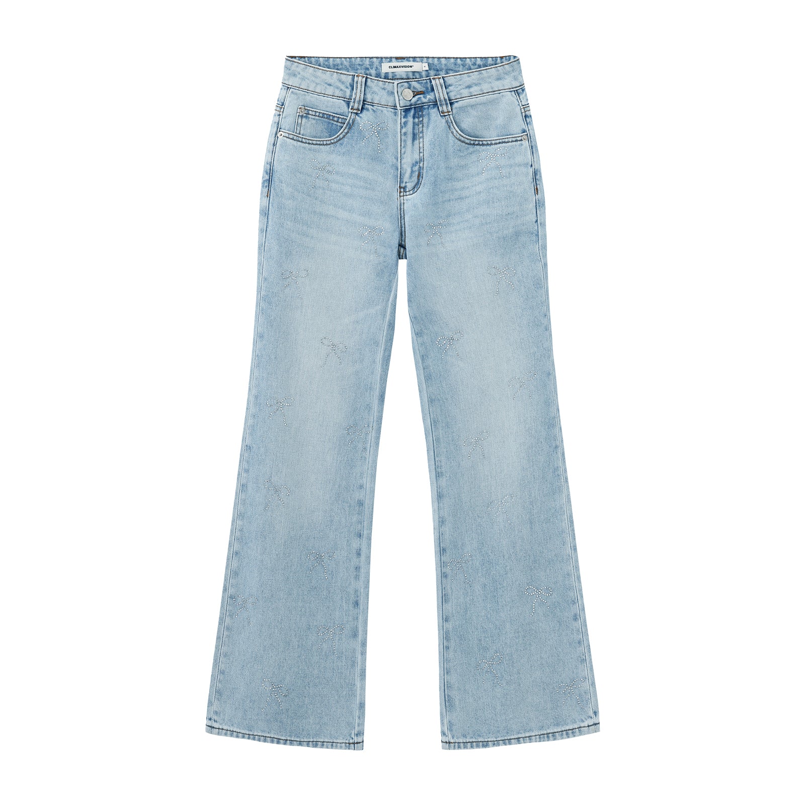 Blue Rhinestone Bow Washed Flared Jeans