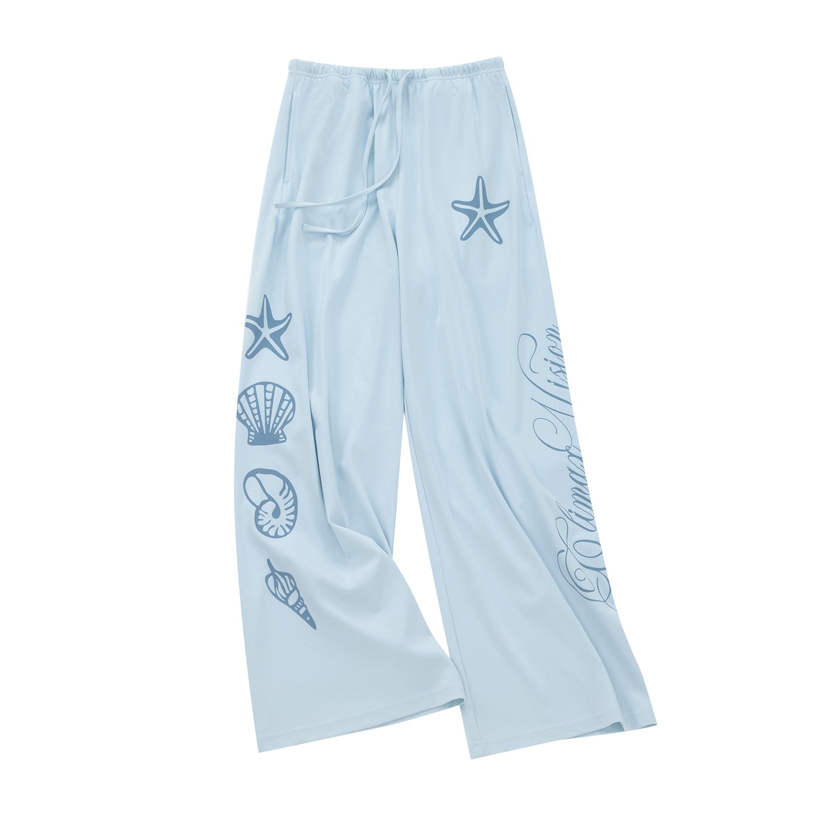 Blue Resort Style Shell Ocean Tencel Cotton Trousers