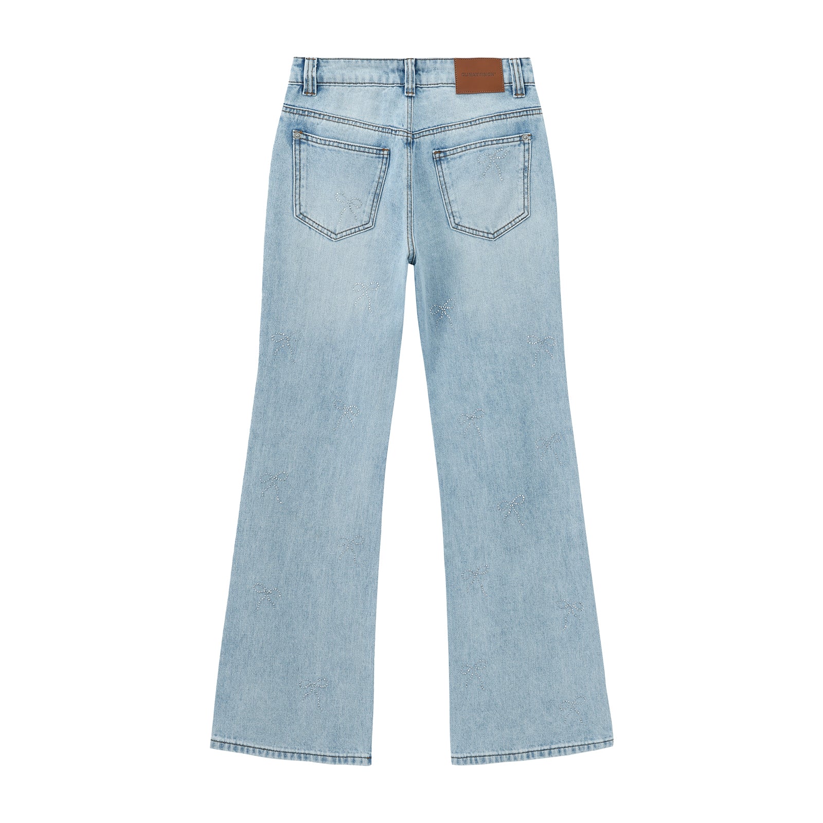 Blue Rhinestone Bow Washed Flared Jeans