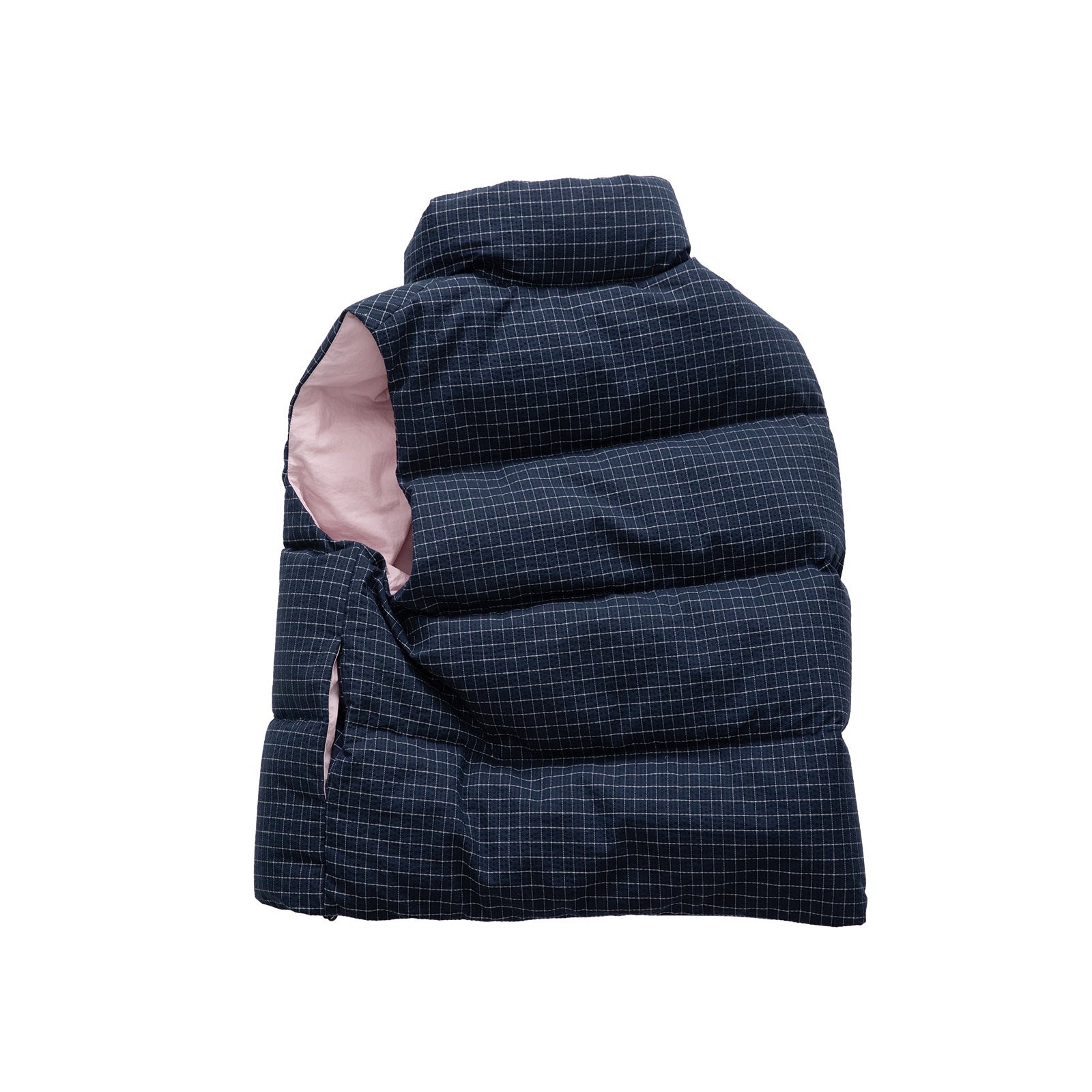 Navy Blue Textured Plaid Color-Blocked Stand Collar Down Vest