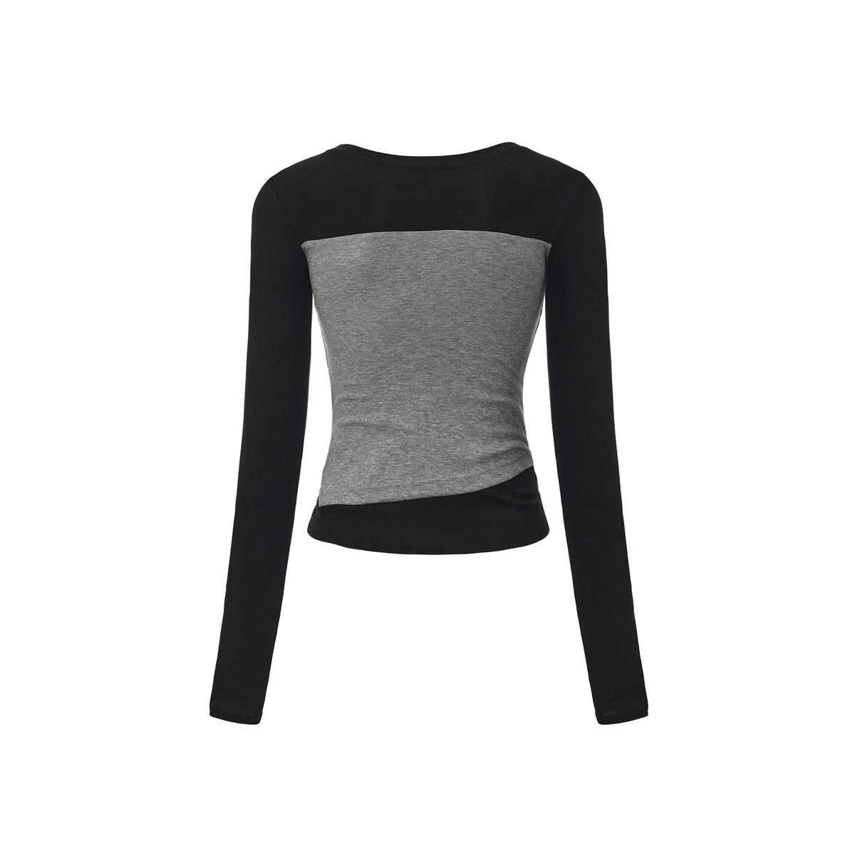 Black and Gray Color Block Tencel Faux Two-Piece Long-Sleeve T-Shirt