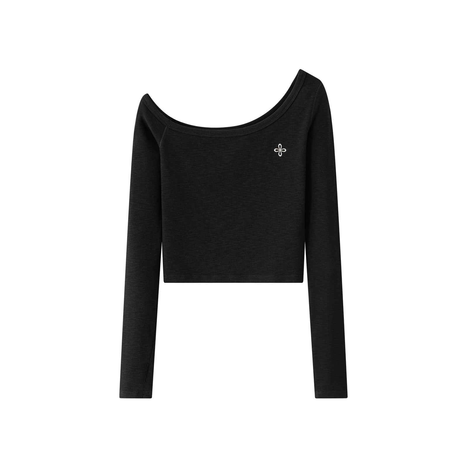 Black Cross Flower Asymmetrical Off-Shoulder Long Sleeve