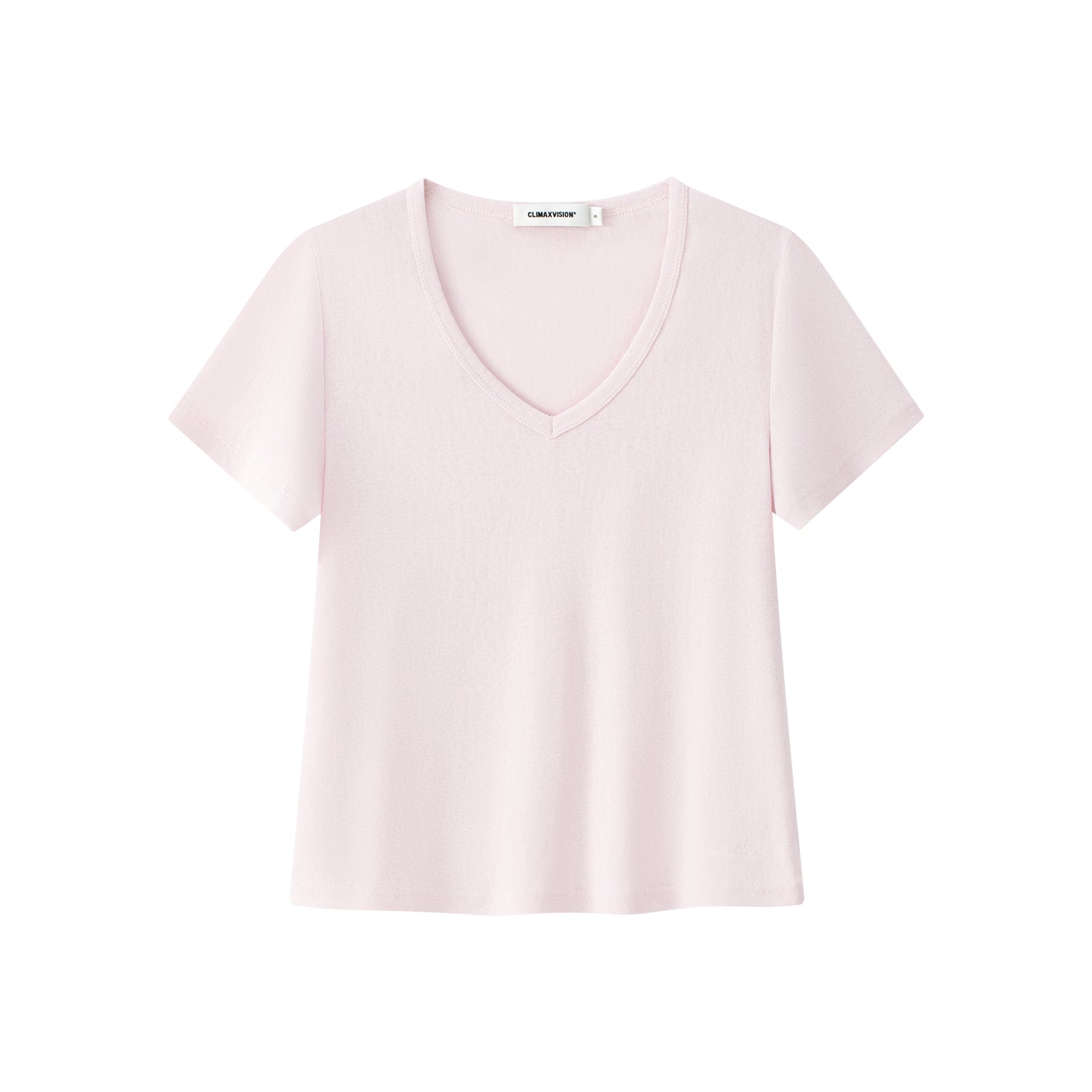 Pink Linen-Cotton Blend V-Neck Short-Sleeve T-Shirt