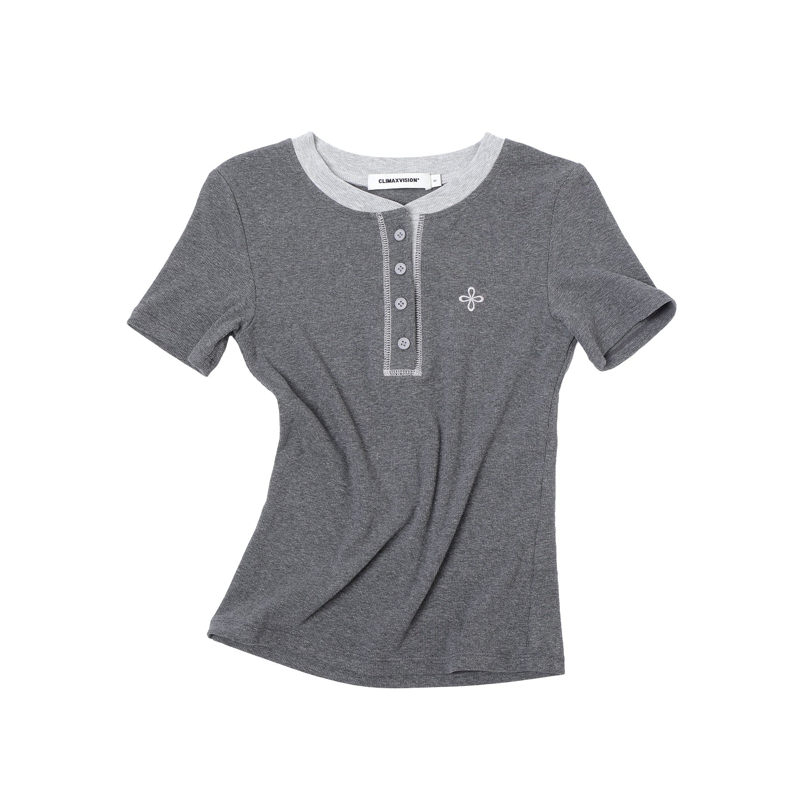 Grey Cross Contrast Henley Collar Slim Fit Short Sleeve