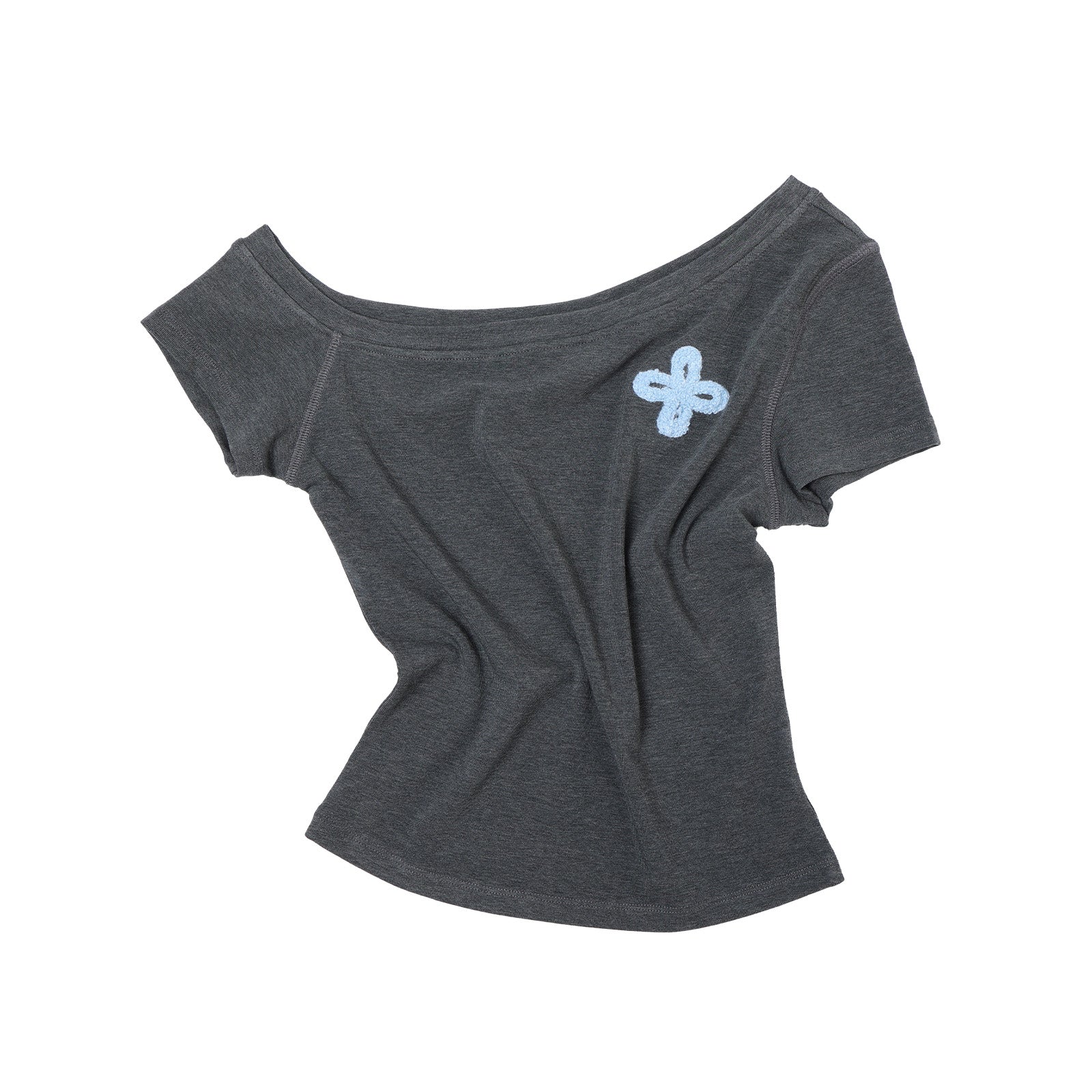 Grey Cross Towel Embroidery Off-Shoulder Short Sleeve