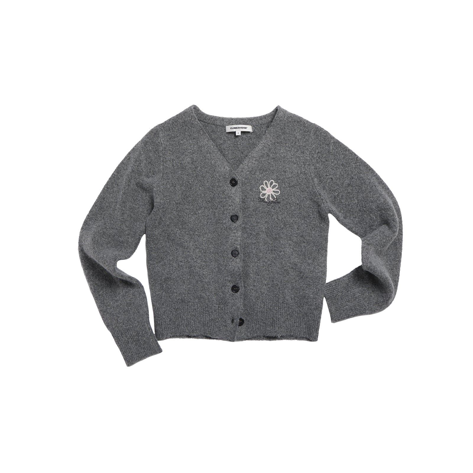 Daisy Embroidered V-Neck Knitted Cardigan In Dark Grey