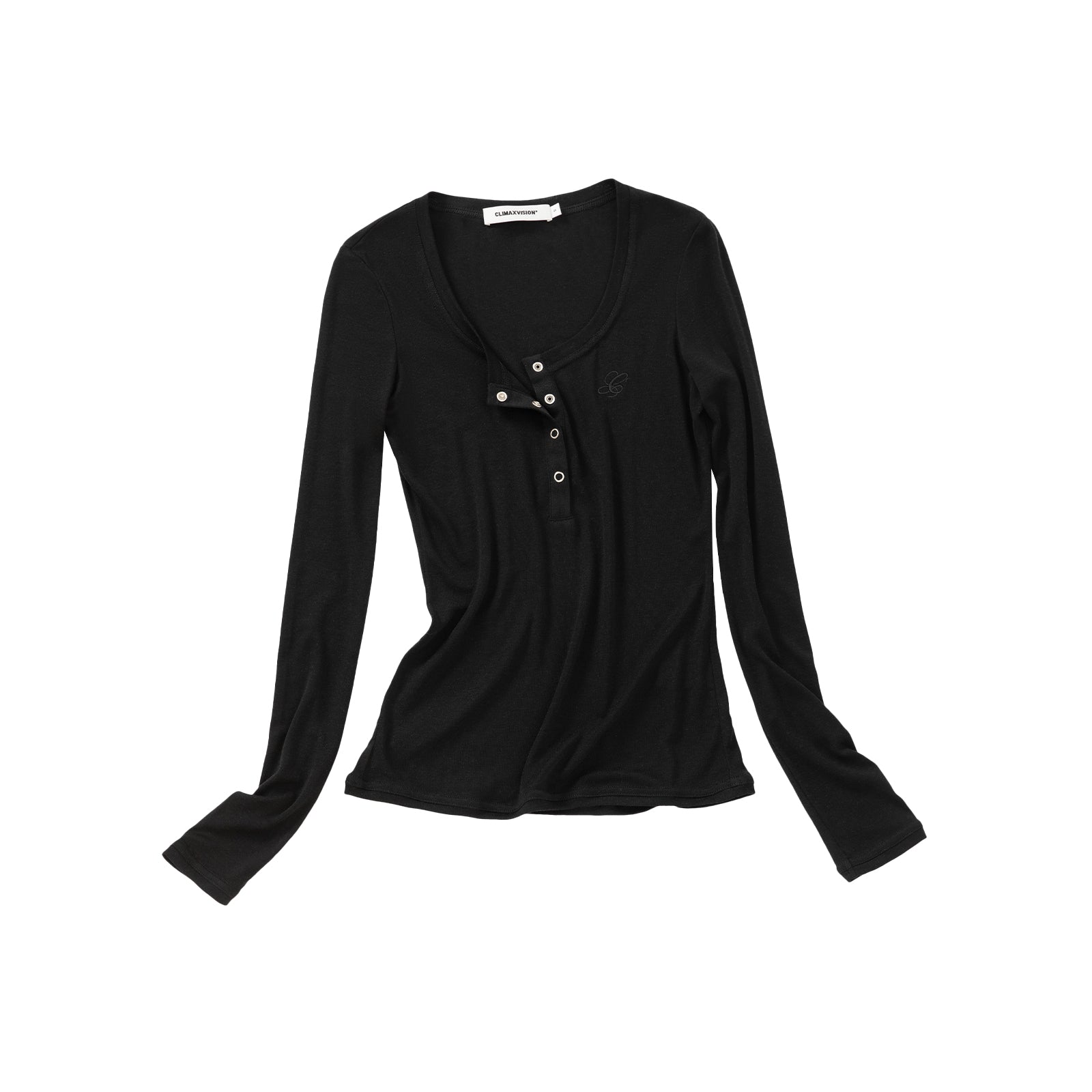 Black Tencel Wool Henley Collar Long-Sleeve T-Shirt