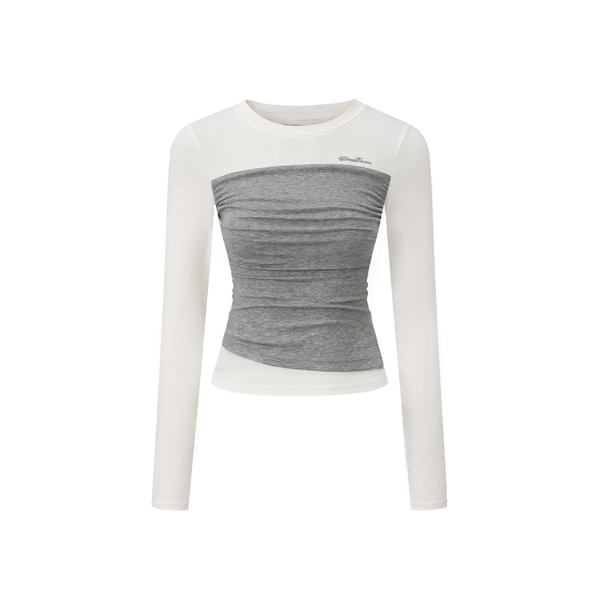 White and Gray Color Block Tencel Faux Two-Piece Long-Sleeve T-Shirt